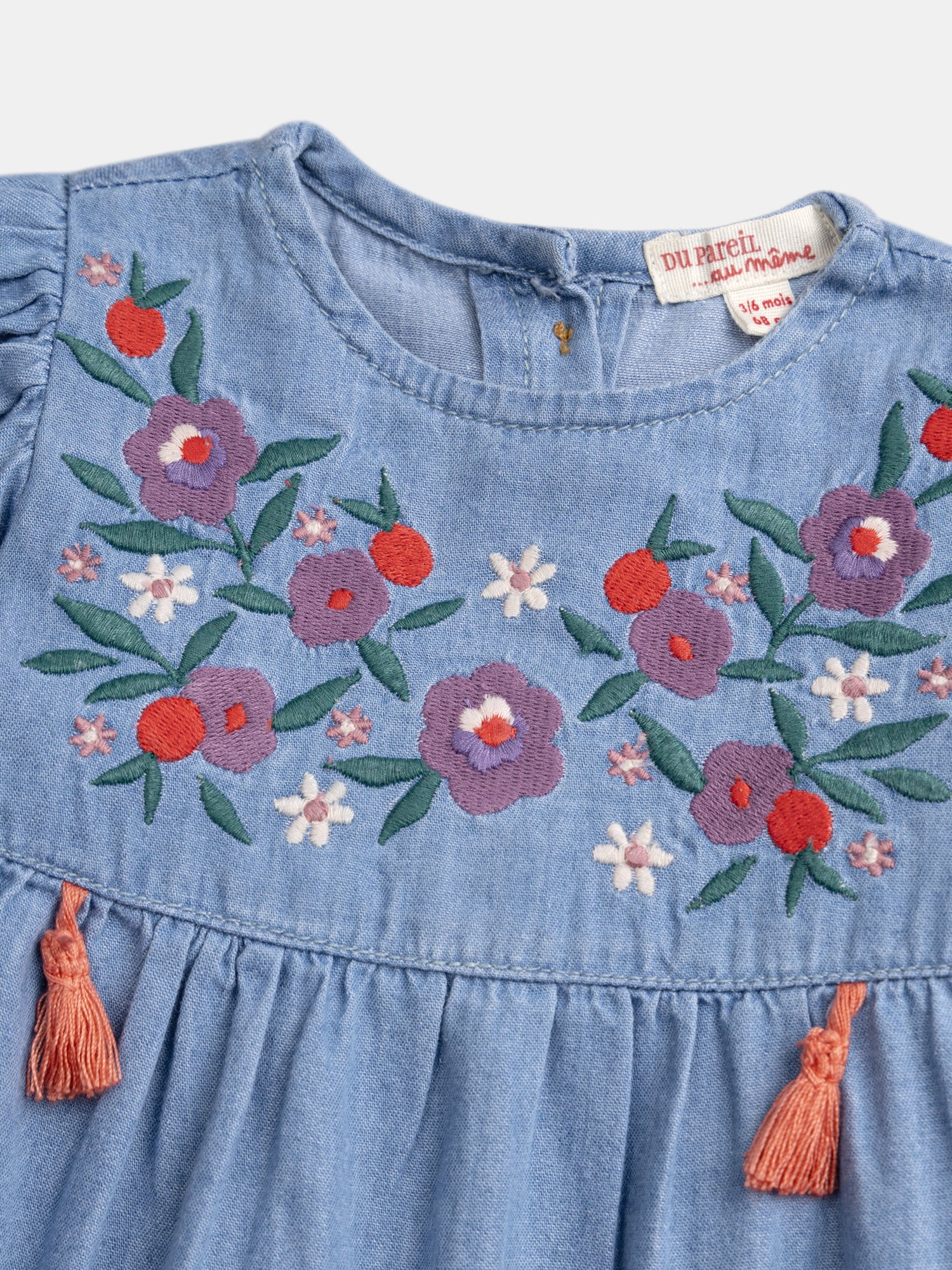 Abito in chambray ricamato con pompon per bambina - Image 2