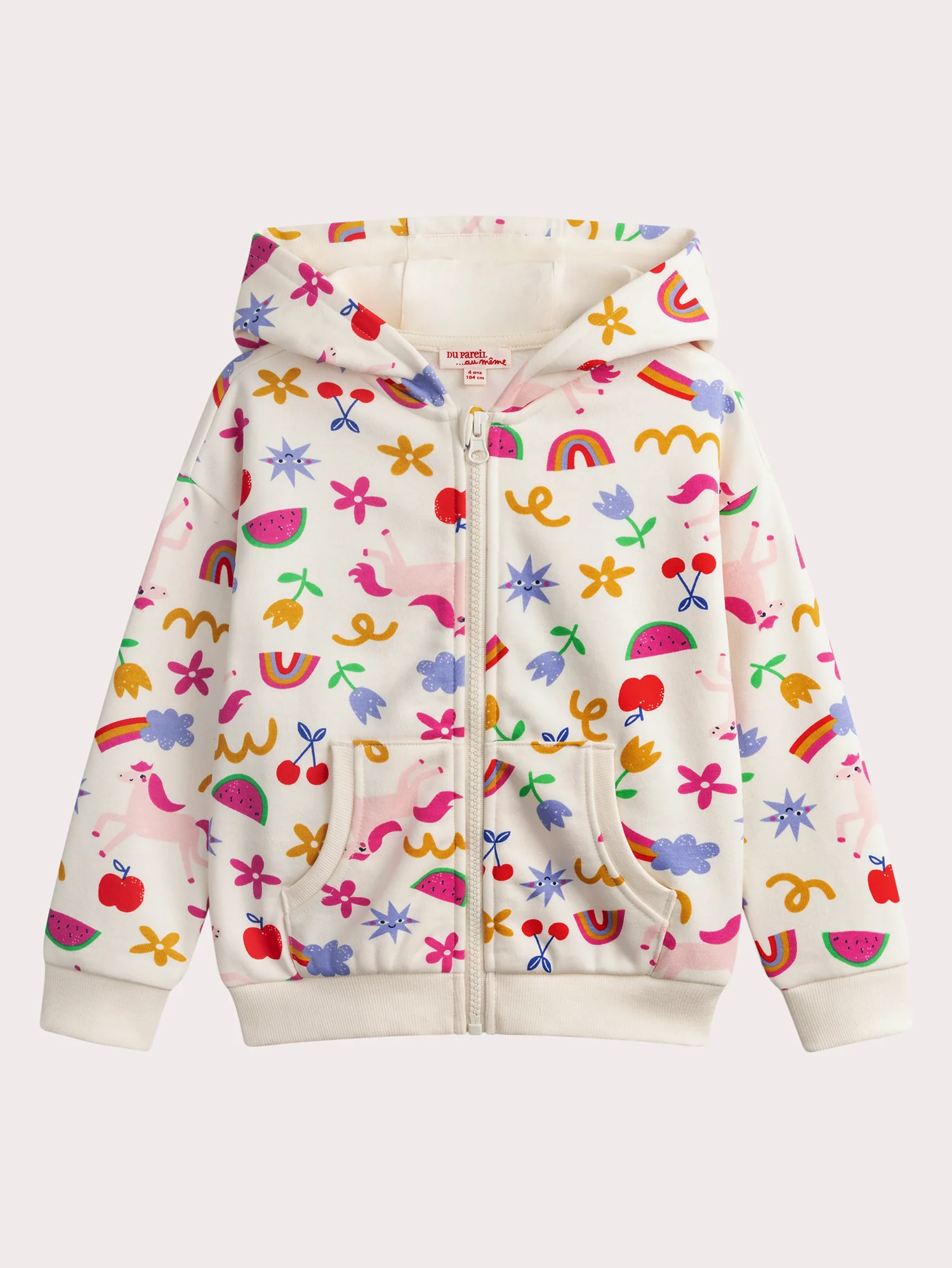 Felpa ecru con cappuccio stampata multicolore