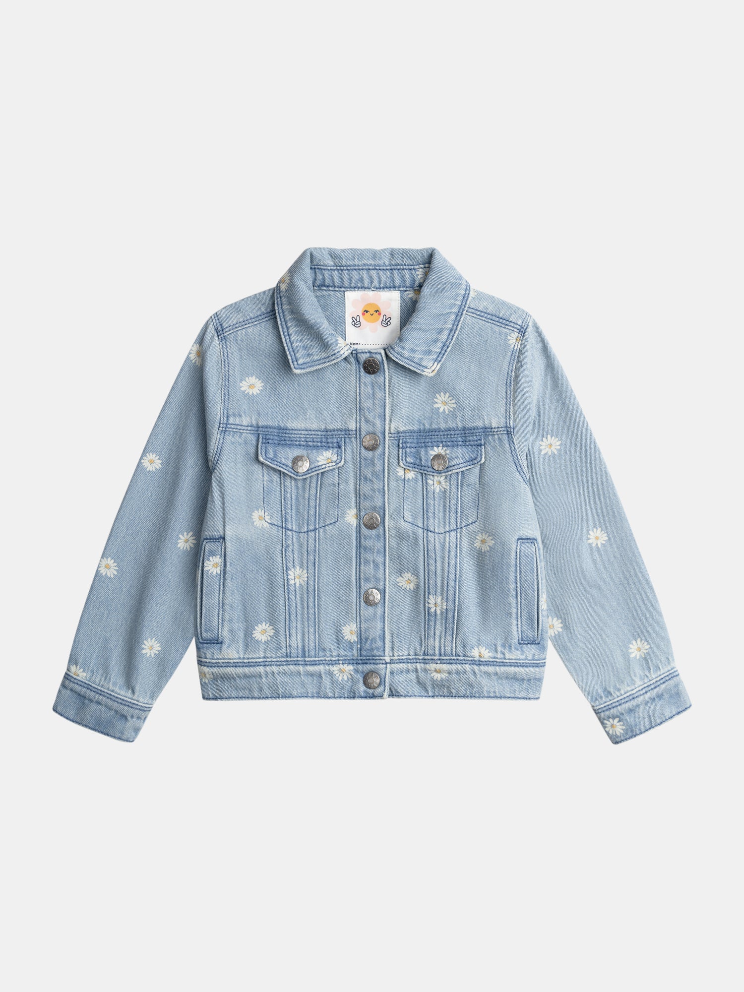 Giacca in Denim Chiaro con Ricami di Fiori per Ragazze