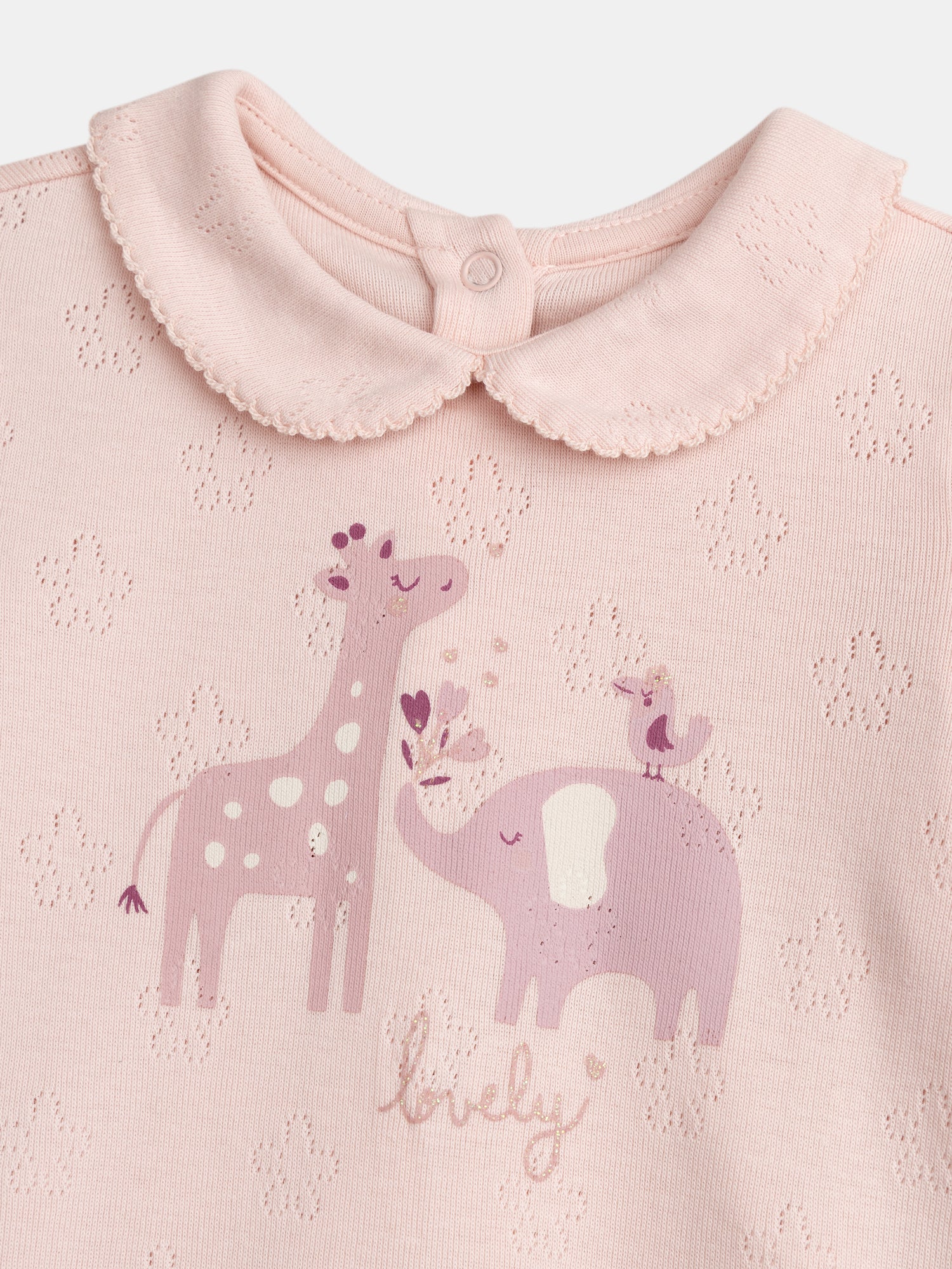 Grenouillère rose à col Claudine avec motif "girafe et éléphant" pour bébé fille - Image 2