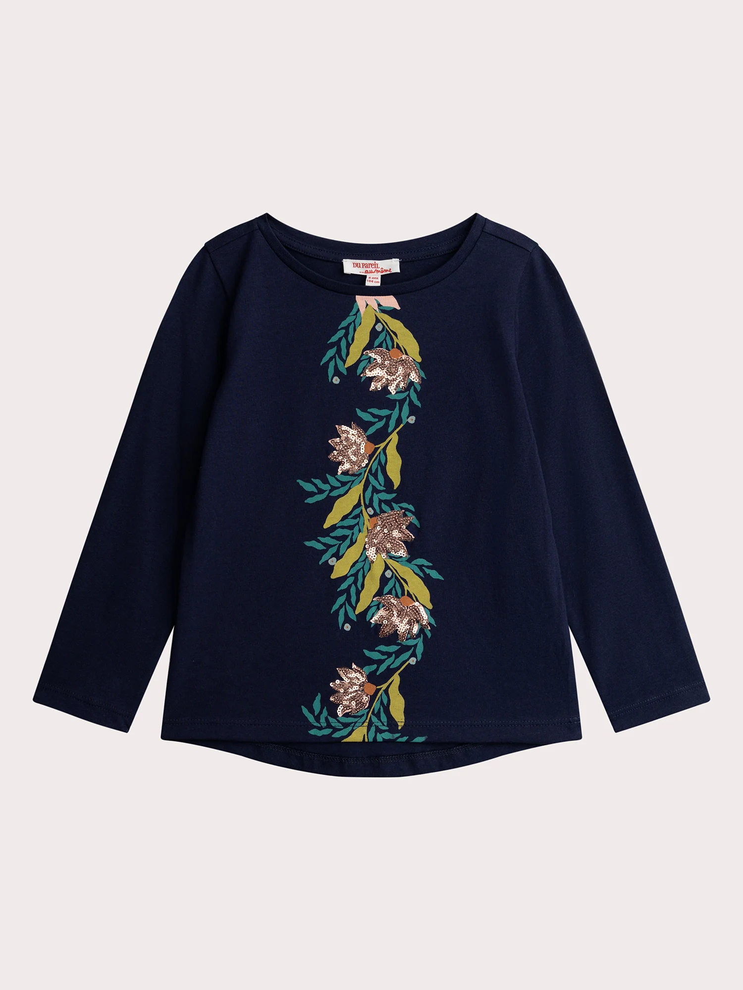 T-shirt blu marina con fiori in paillettes rosa per ragazze