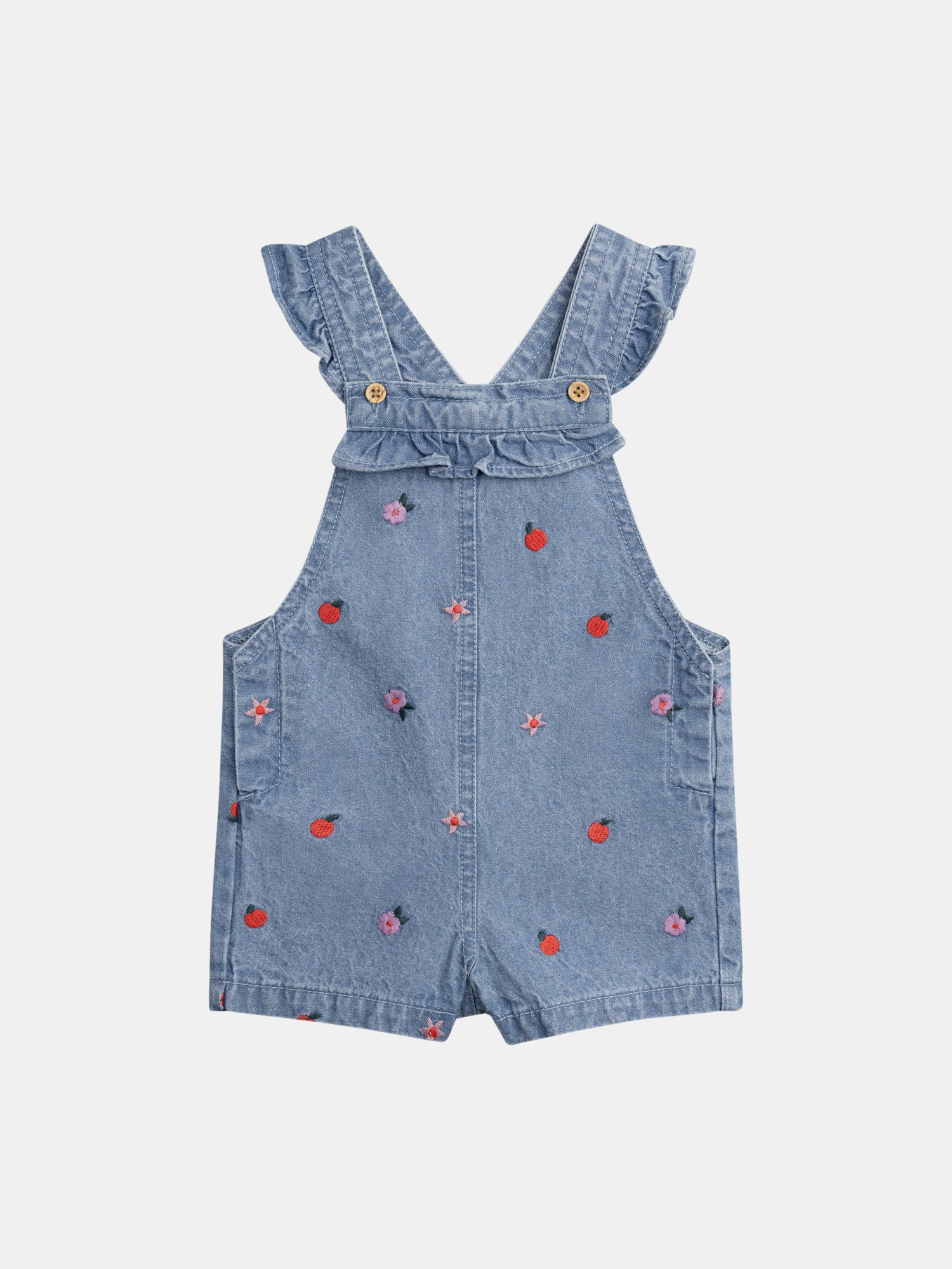 Salopette corta in denim con ricami floreali e fruttati per bambina