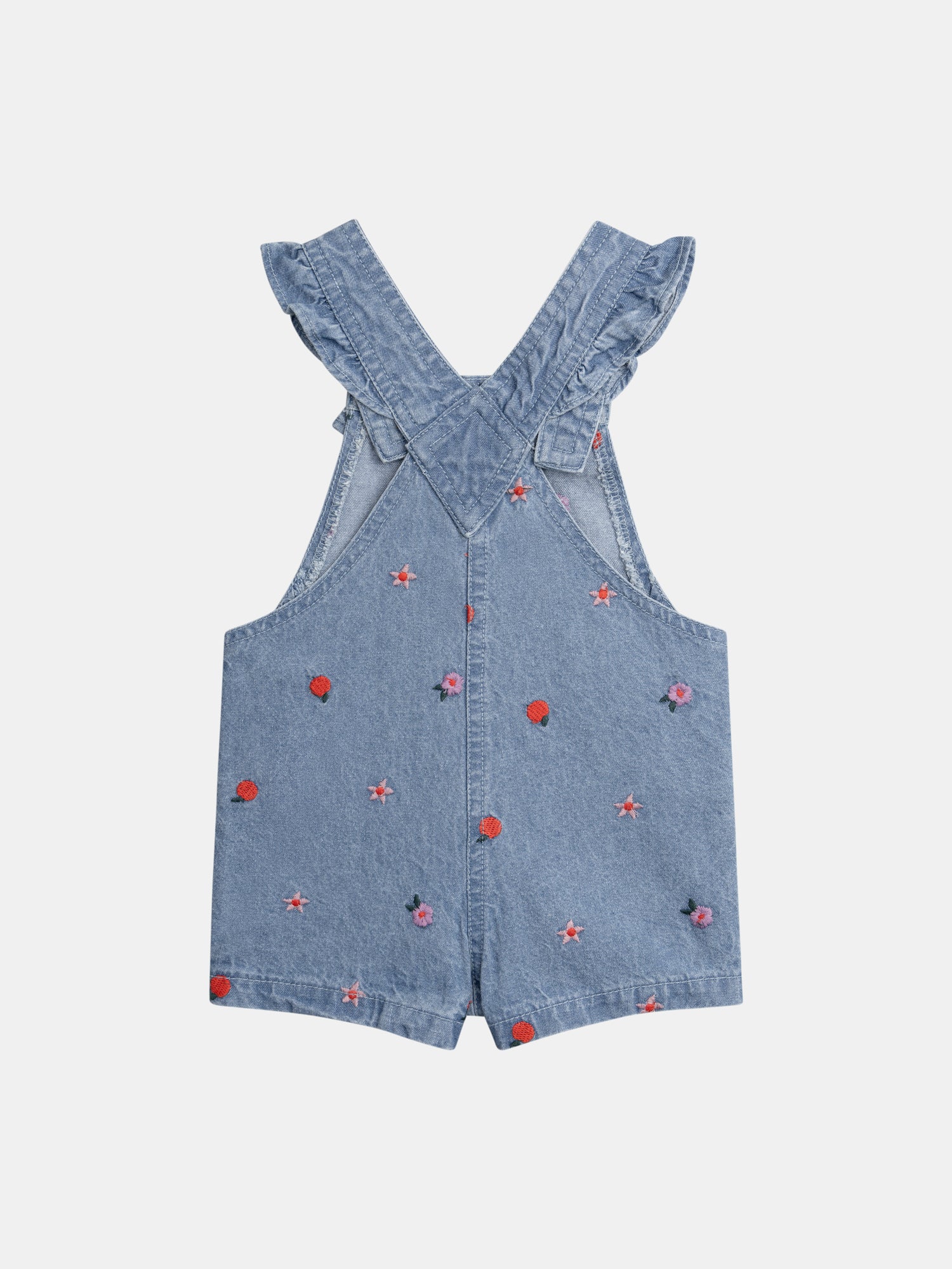 Salopette corta in denim con ricami floreali e fruttati per bambina - Image 6