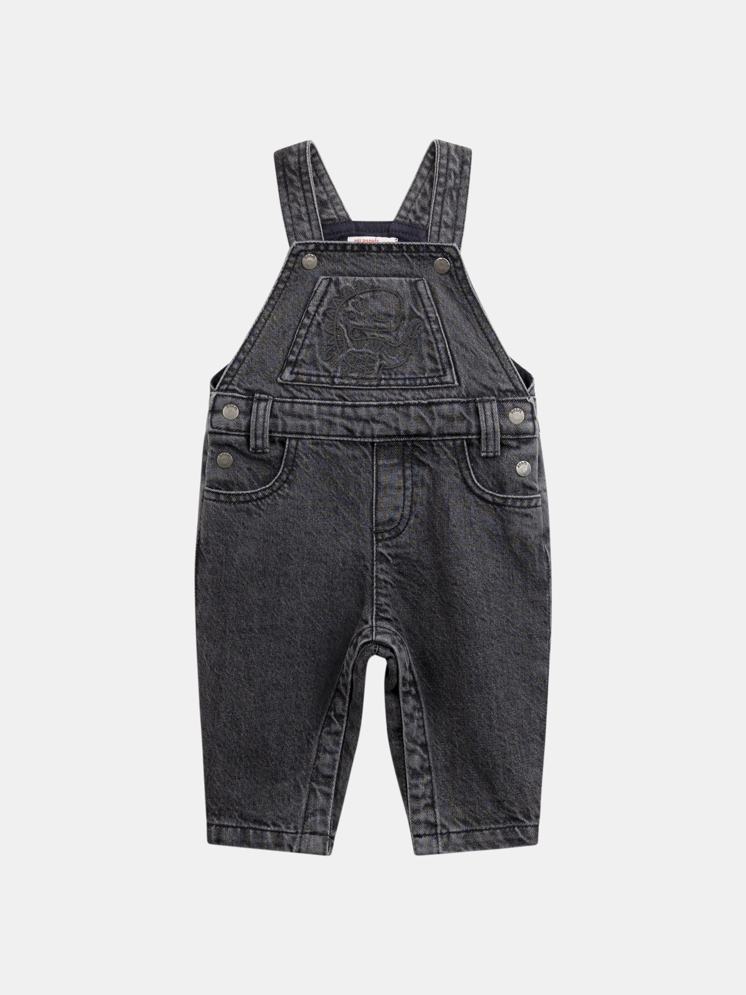 Salopette in denim grigia "Dinosauro" per bambino