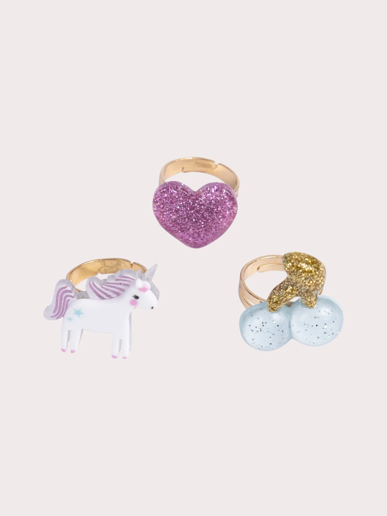 Set di 3 anelli unicorno, cuore e ciliegia per ragazze