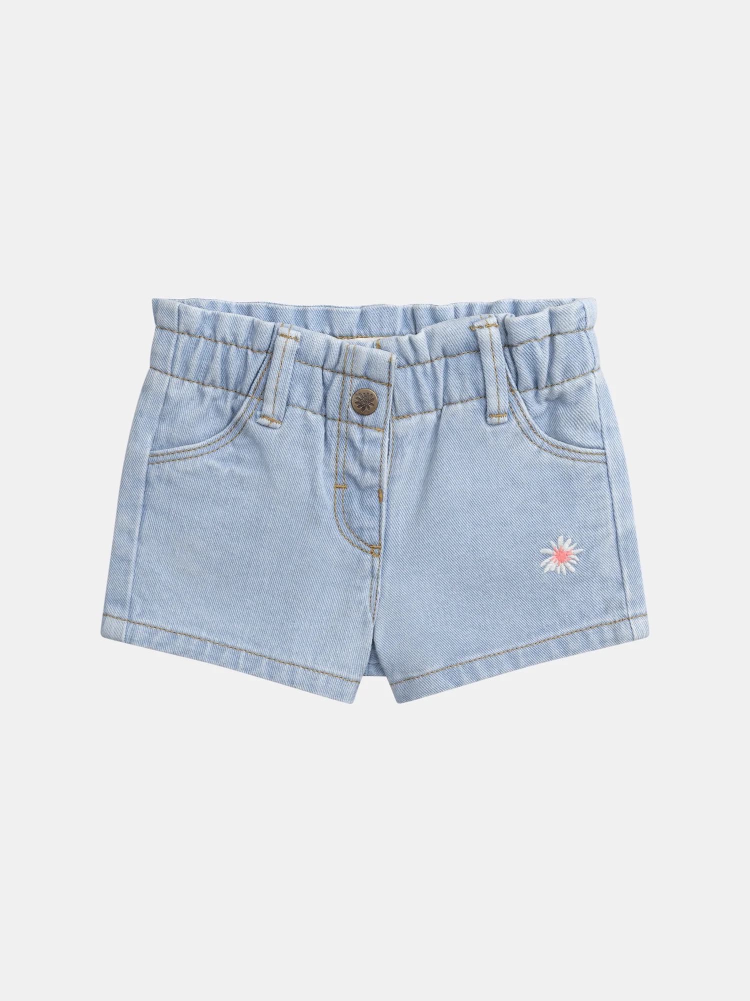 Shorts in denim leggero con vita arricciata e ricamo floreale per bambina