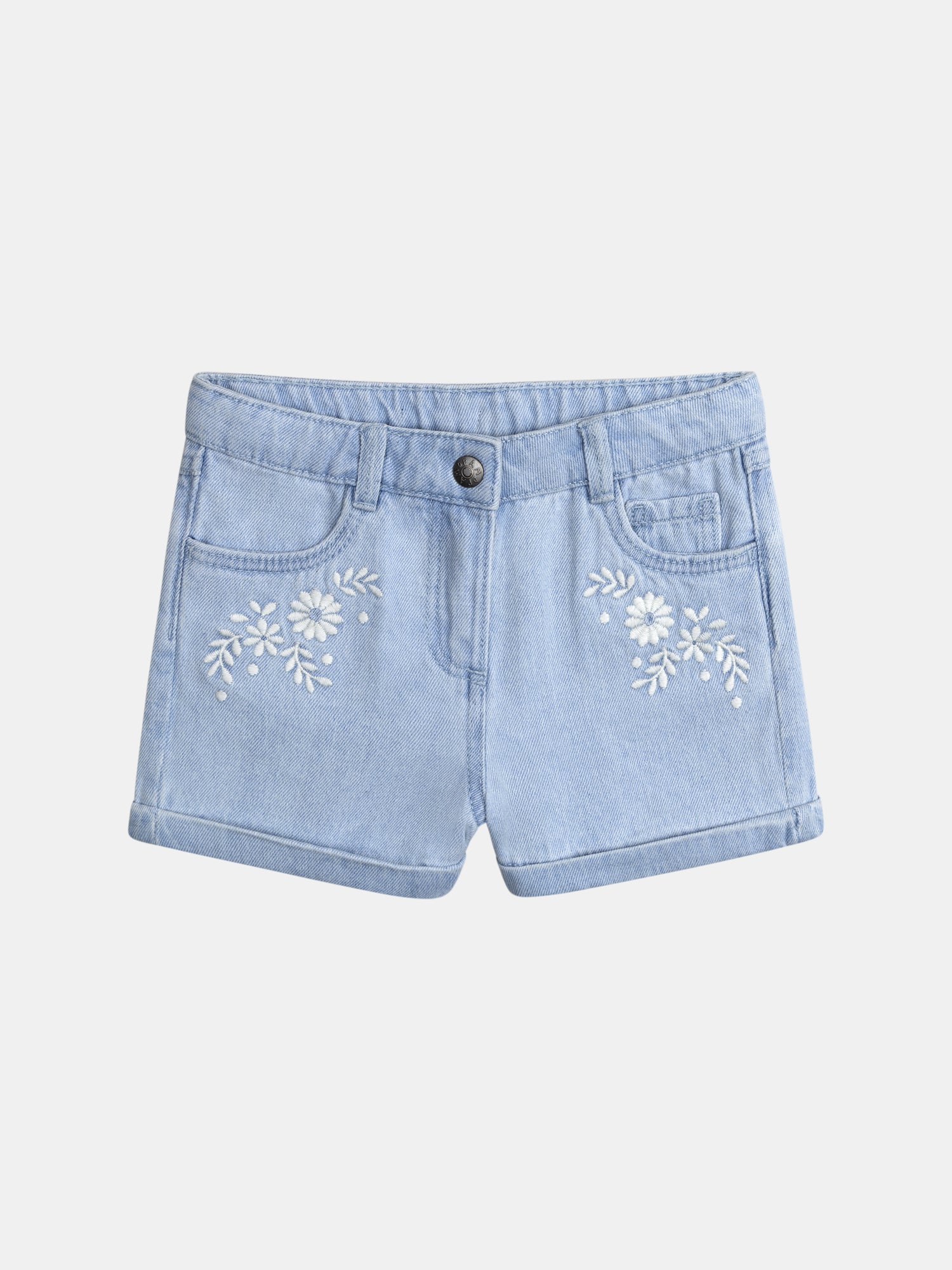 Short in denim blu con ricami floreali per ragazze