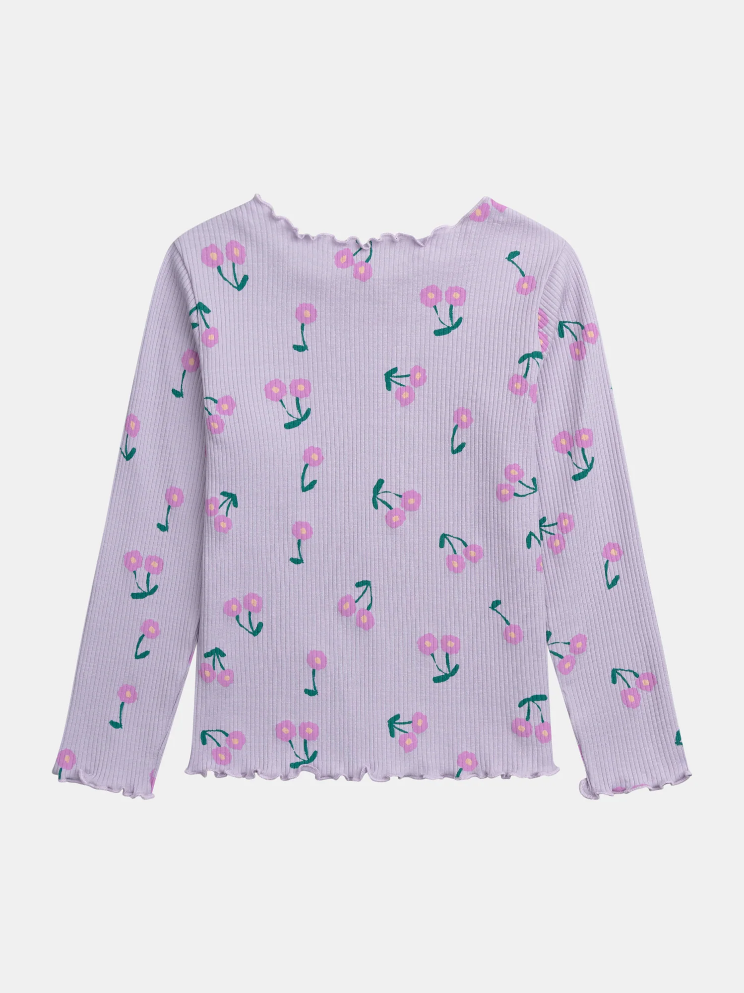 T-shirt a Coste con Maniche Lunghe e Bordi Ondulati, Stampa di Fiori - Image 4