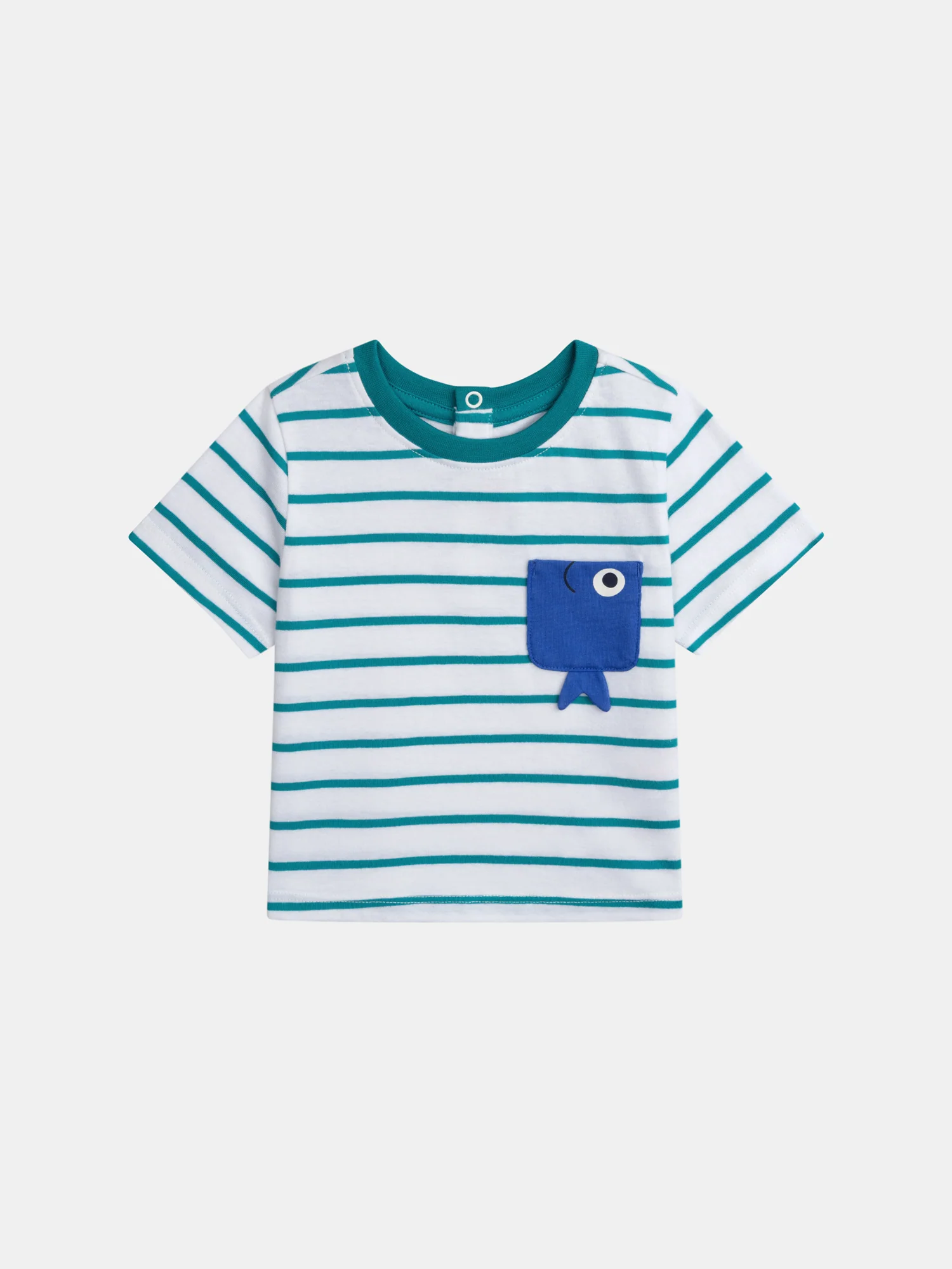 T-shirt a righe turchese con tasca 'Pesce' per bambino