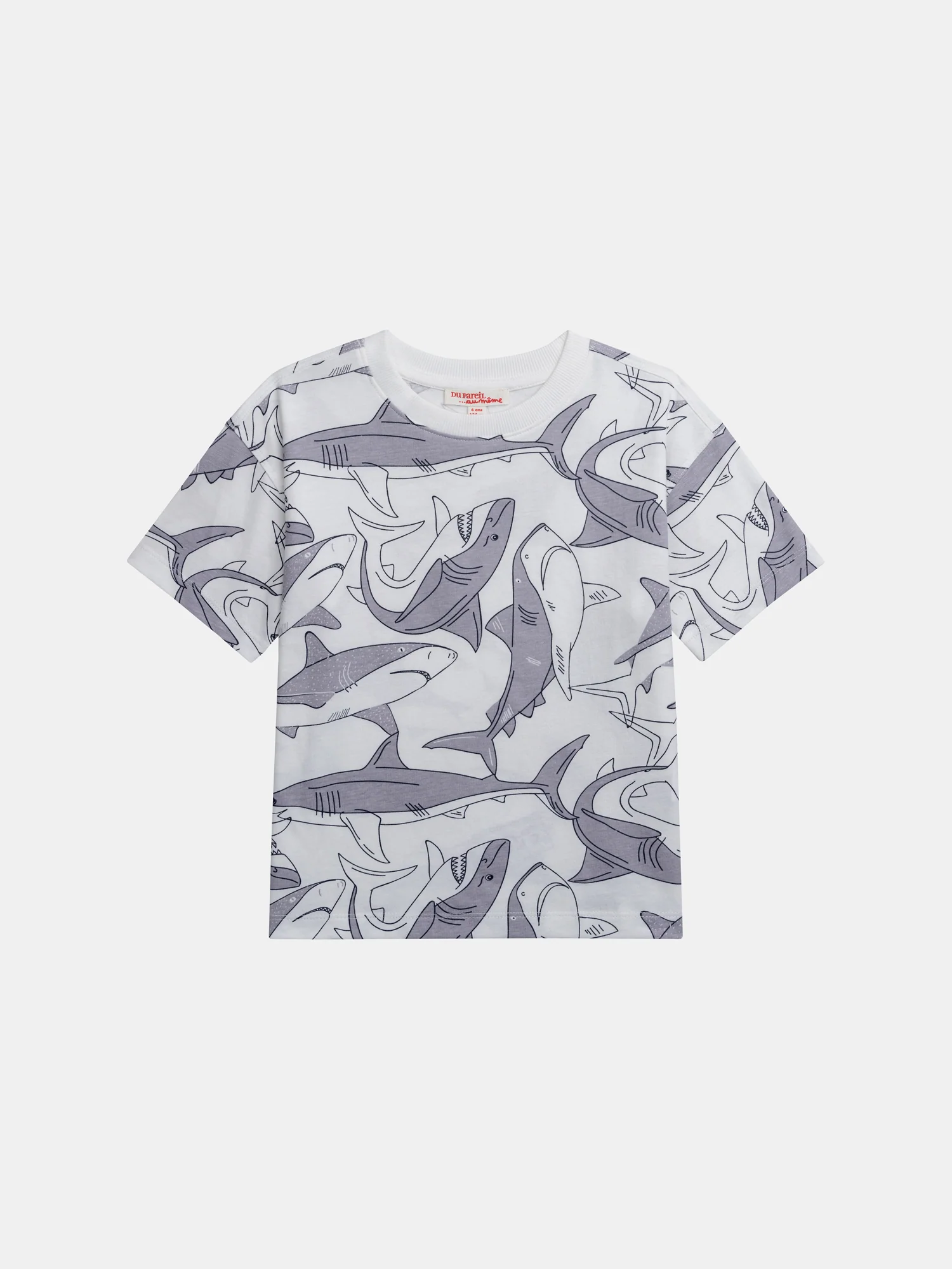 T-shirt ecru a maniche corte con stampa di squali per ragazzi