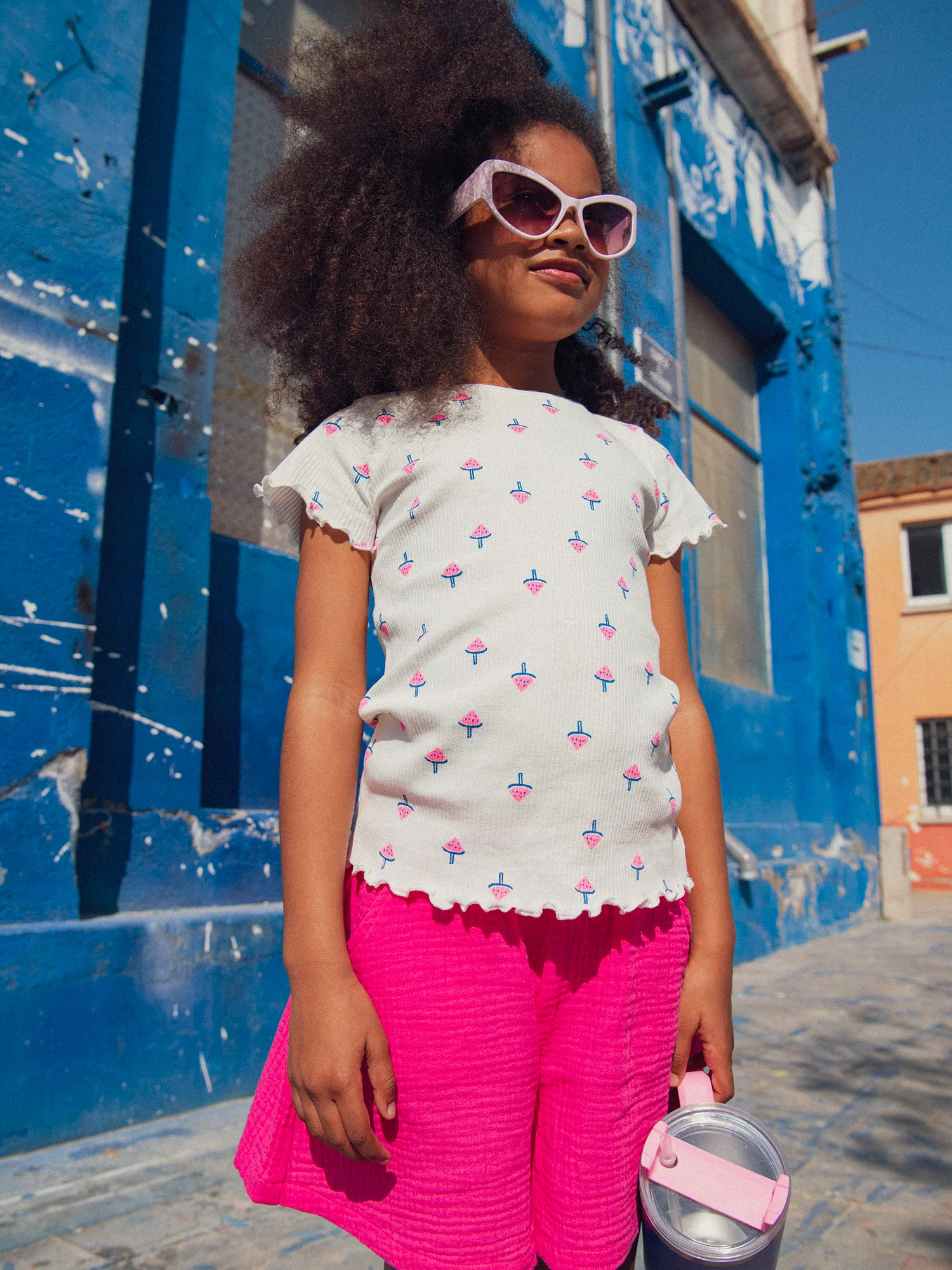 T-shirt in coste ecru con stampa gelato anguria per ragazze - Image 2