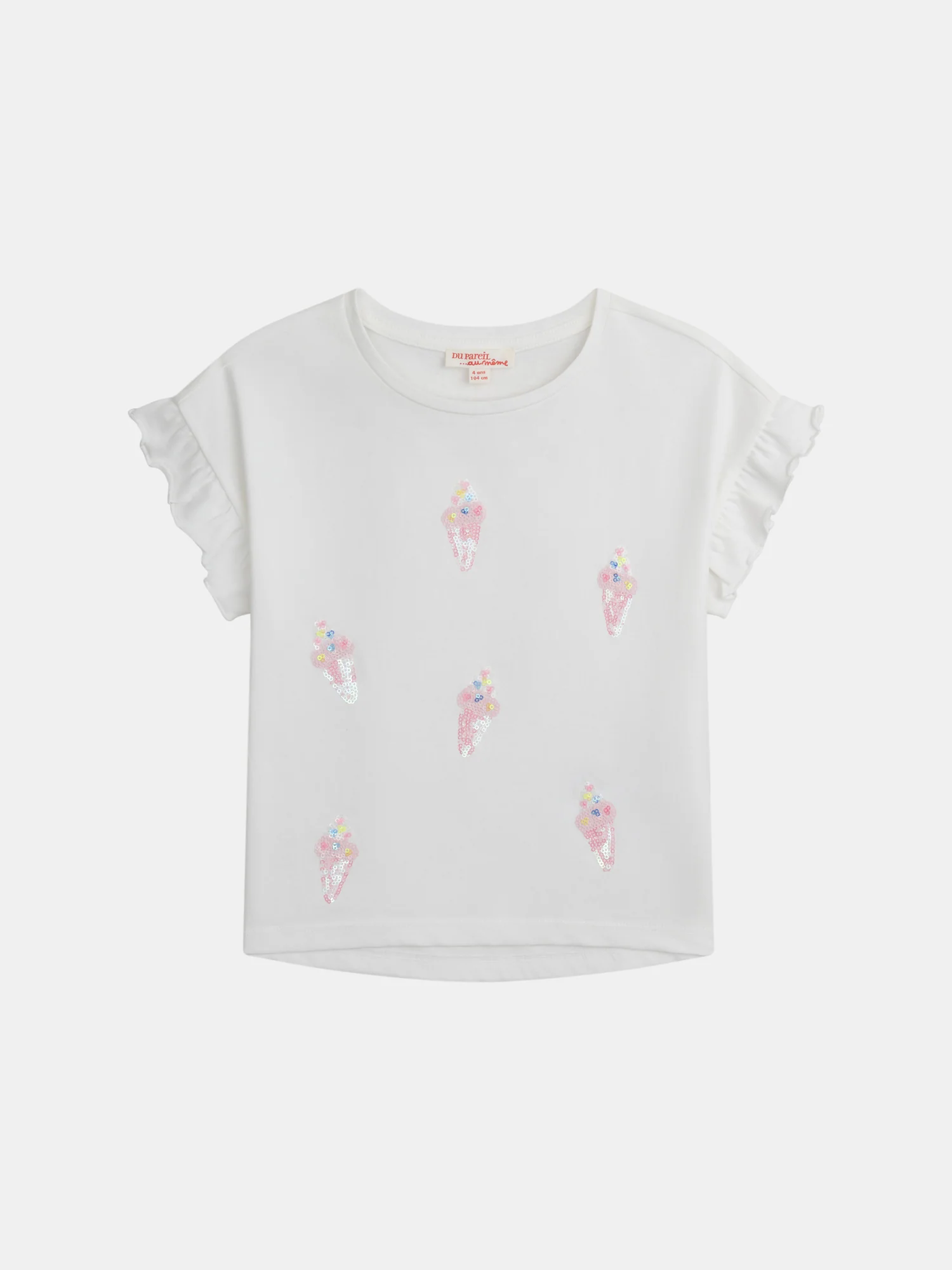 T-shirt ecru con animazione gelato in paillettes per ragazze