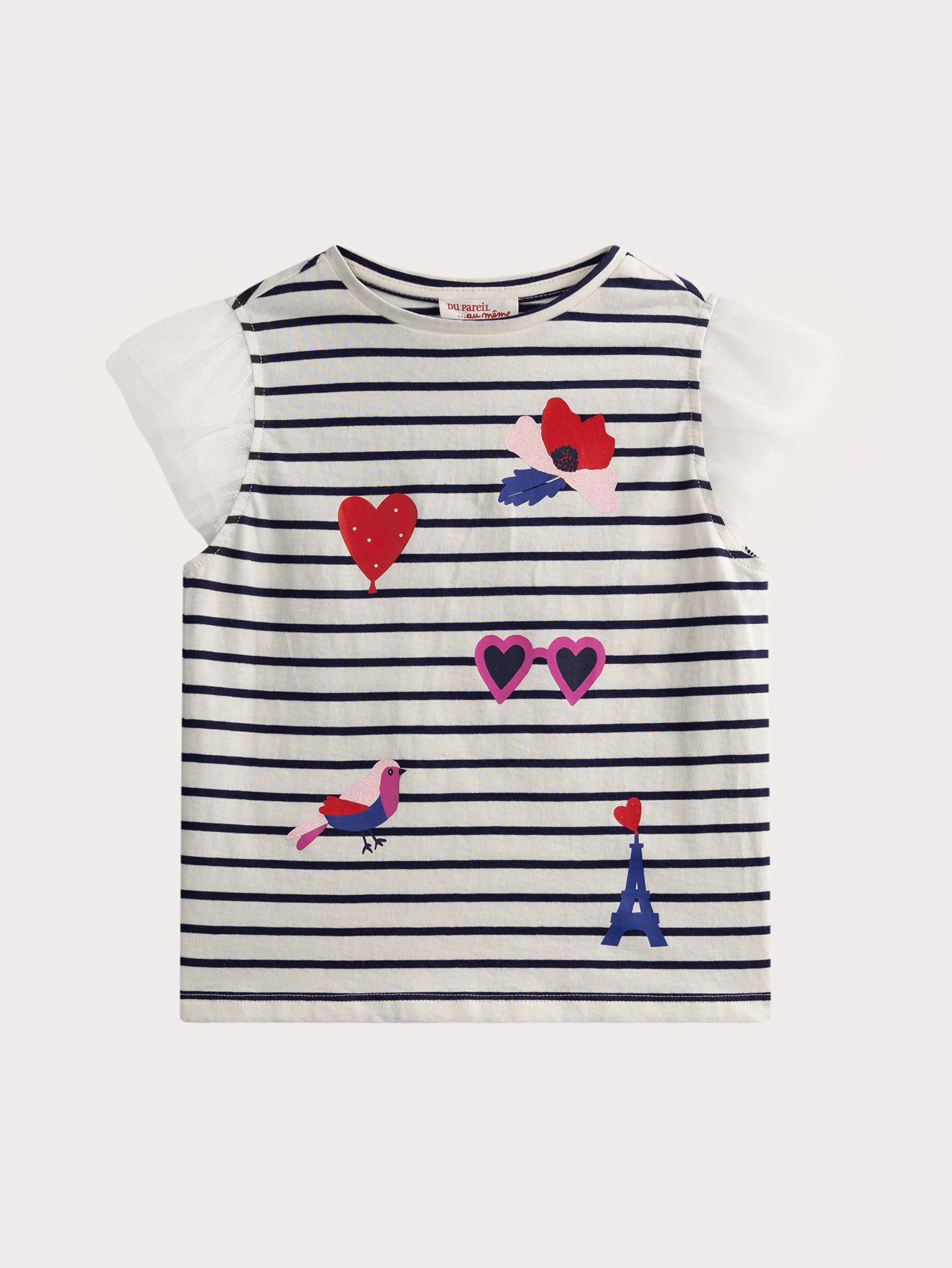 T-shirt a strisce fantasia con maniche in tulle
