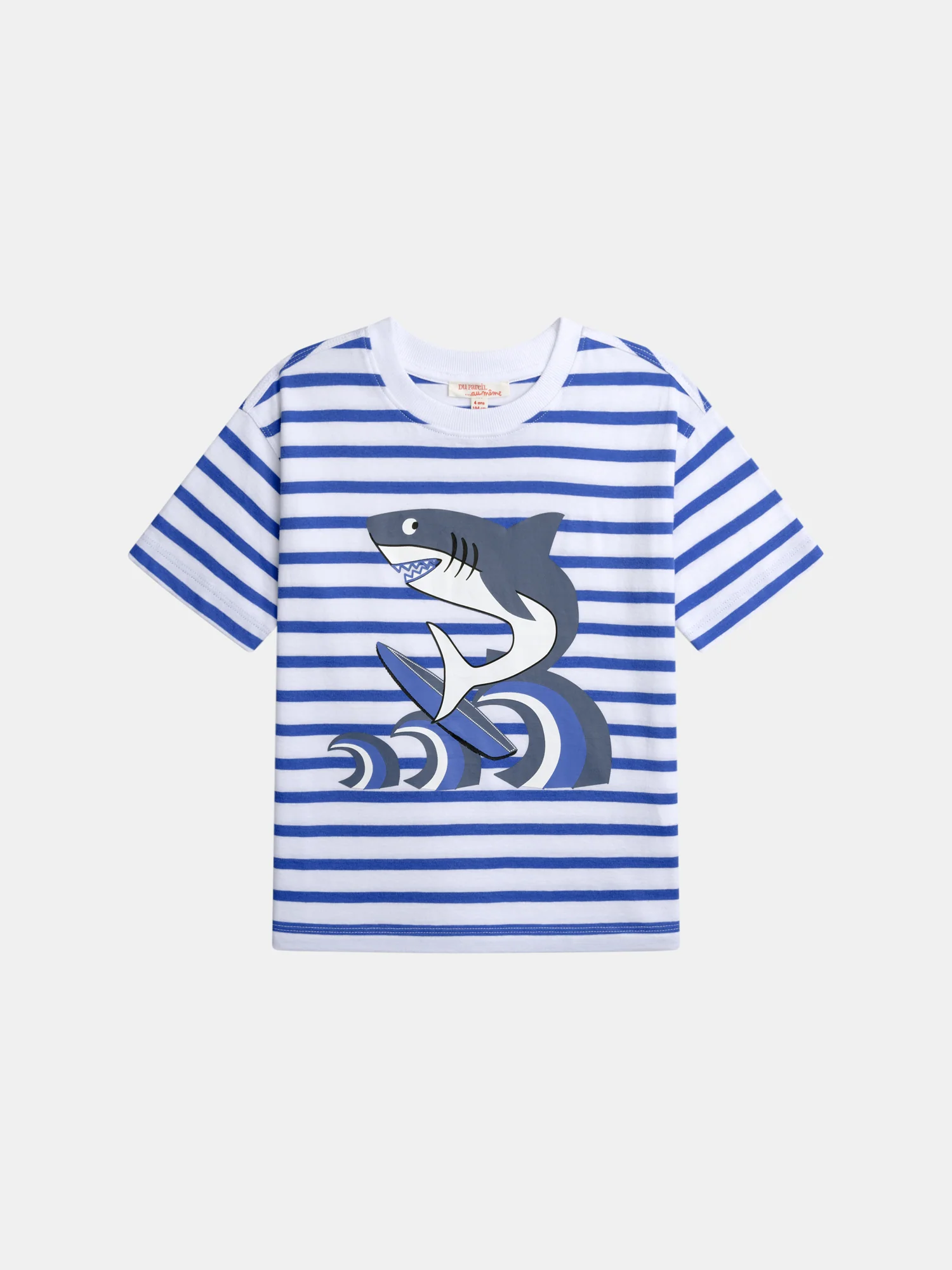 T-shirt bianca a righe blu con animazione di squalo per ragazzi