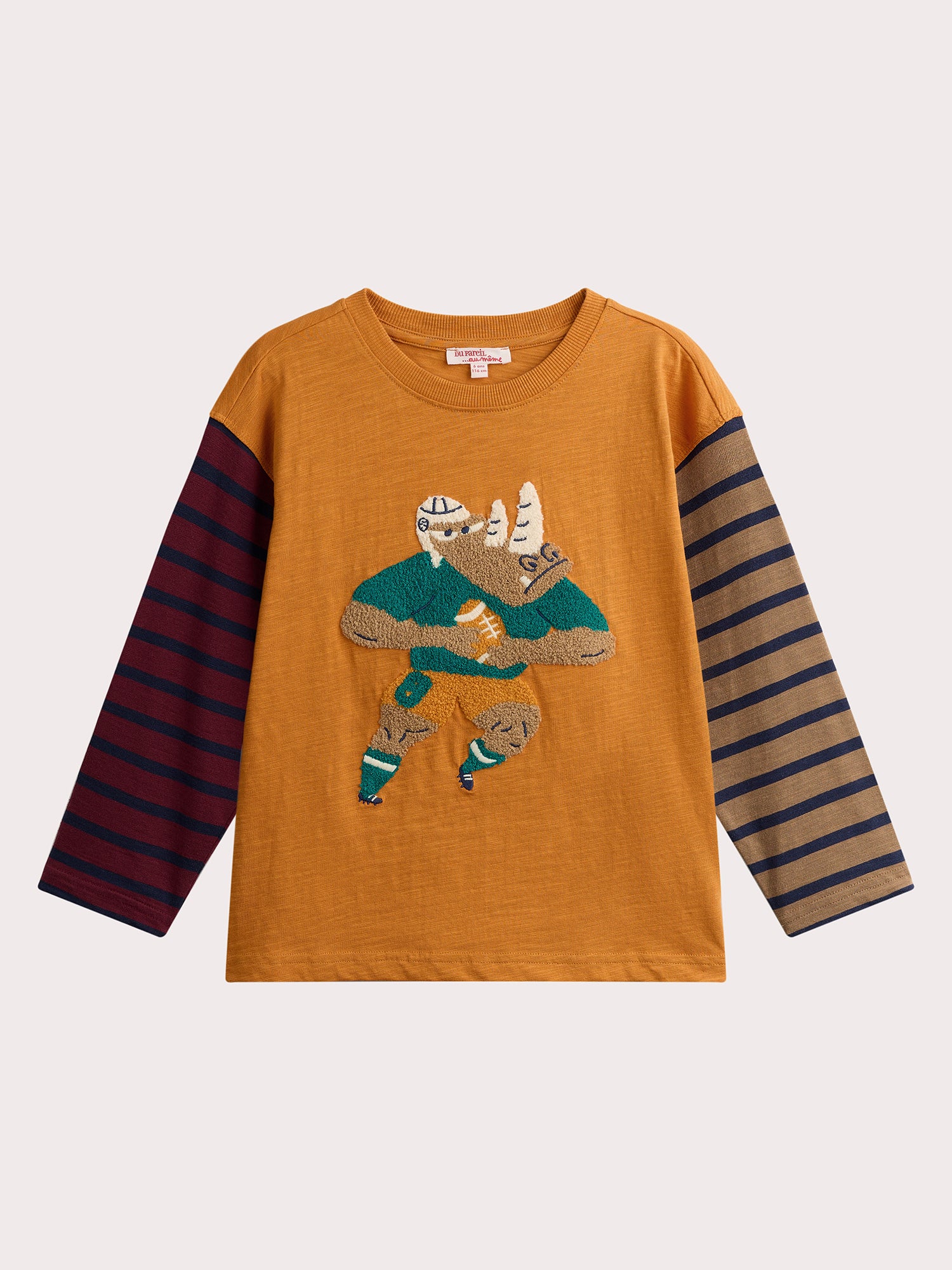 T-shirt con animazione di rinoceronte e maniche a righe per ragazzi