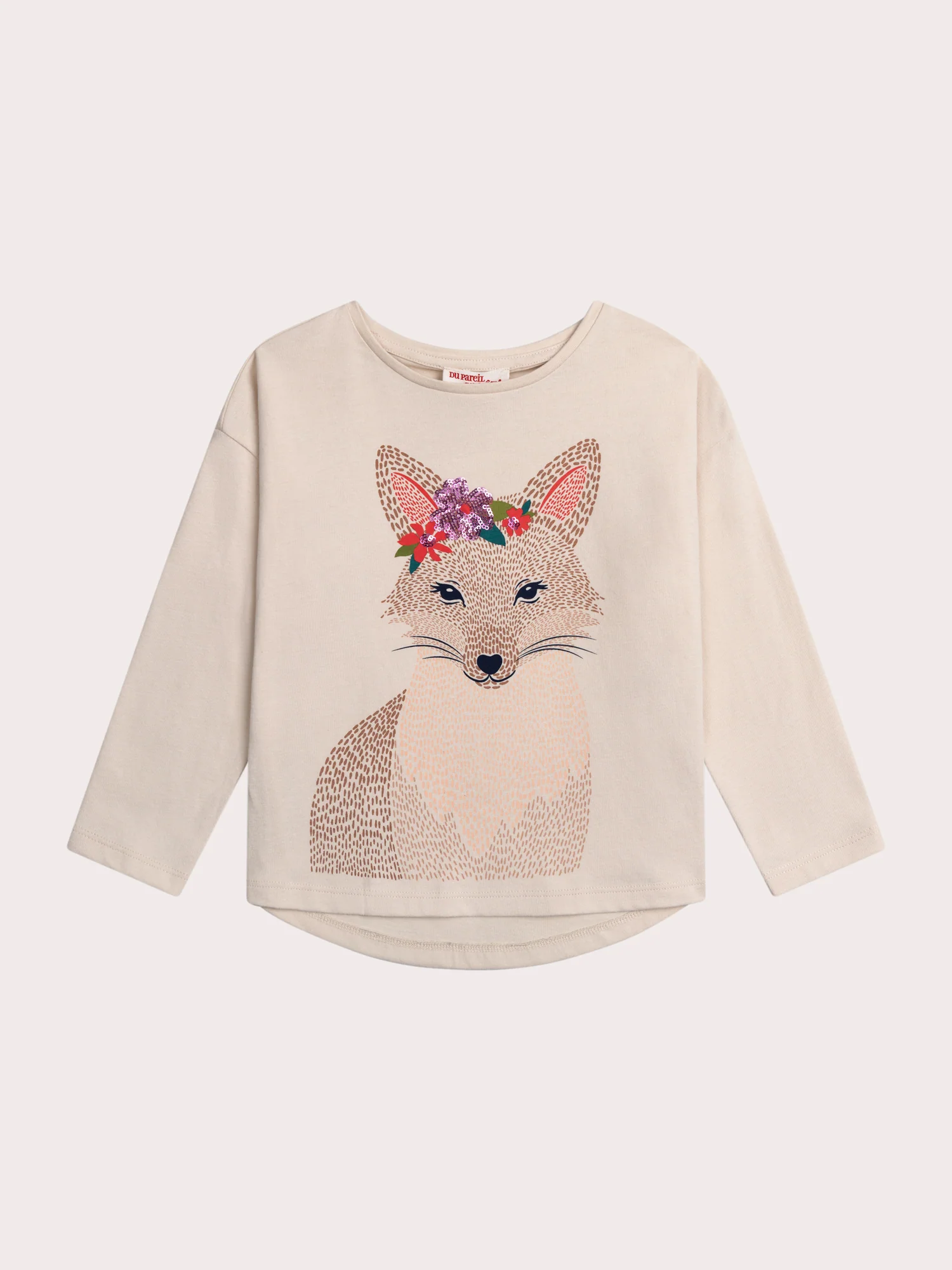 T-shirt Ecru a Maniche Lunghe con Animazione di Volpe con Paillettes