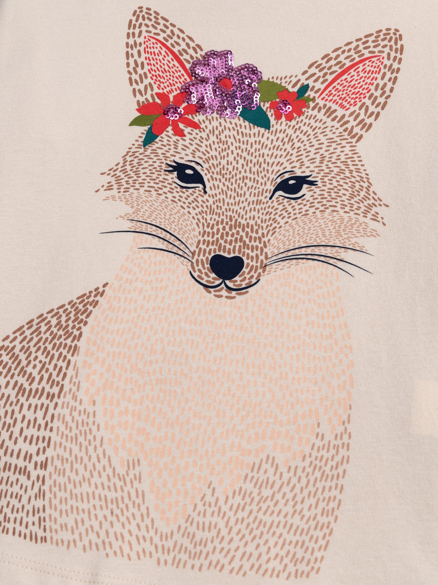T-shirt Ecru a Maniche Lunghe con Animazione di Volpe con Paillettes - Image 2