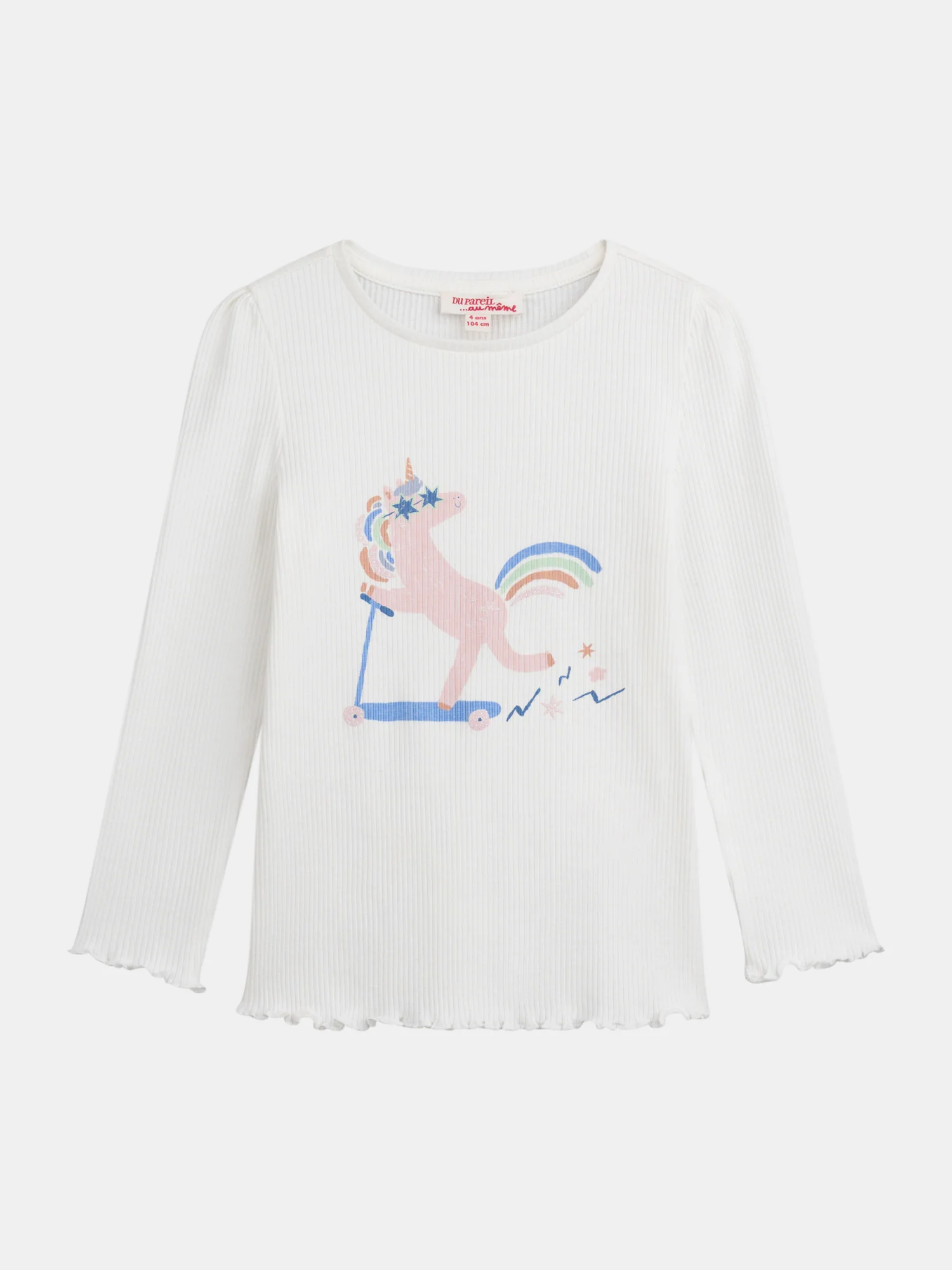 T-shirt ecru a coste con animazione unicorno per ragazze