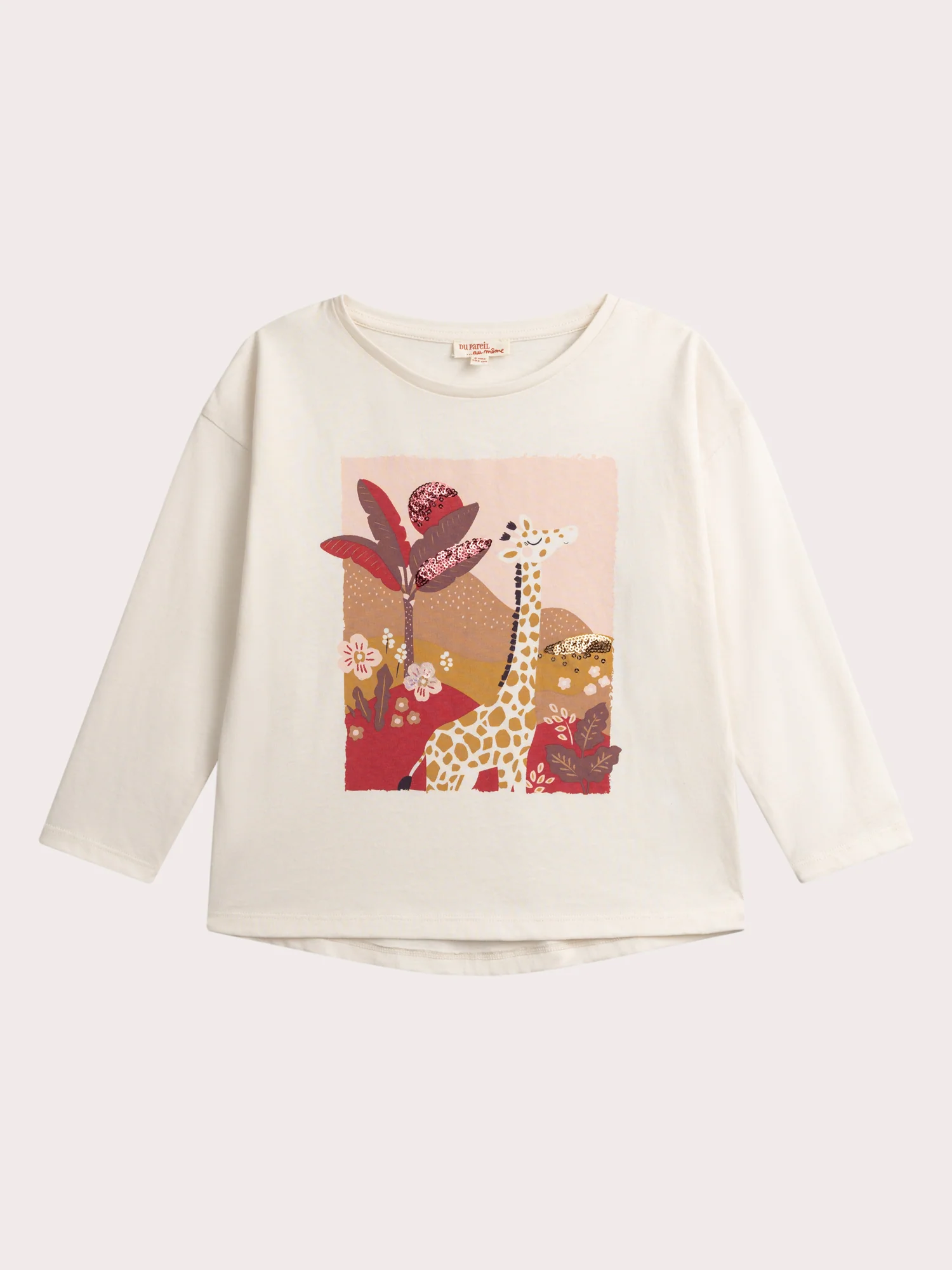 T-shirt ecru con animazione giraffa e paillettes per ragazze
