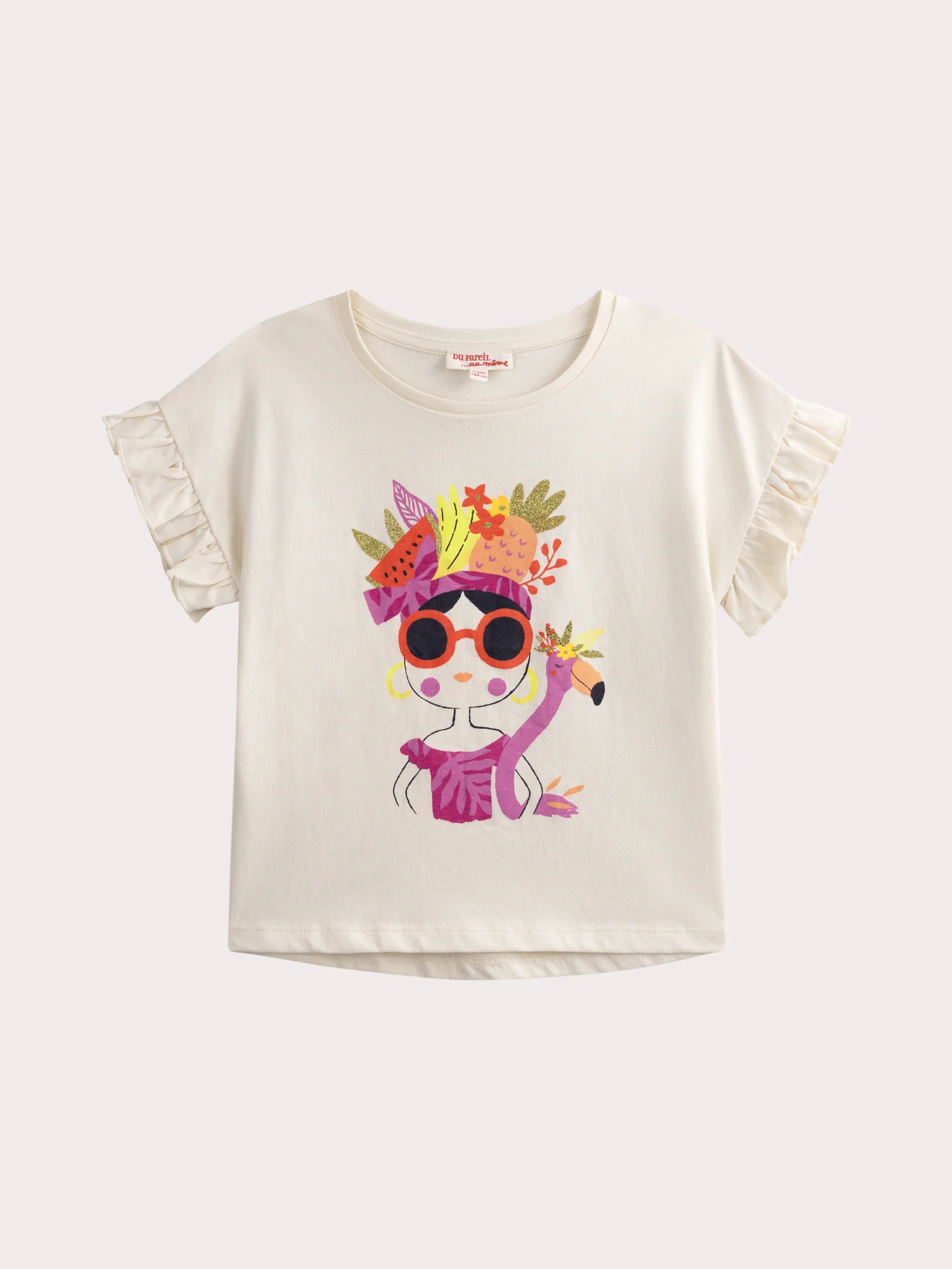 T-shirt ecru con volantini e animazione
