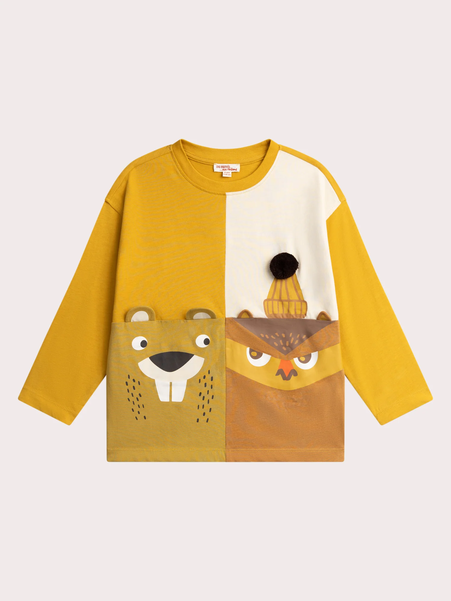 T-shirt gialla con animazione gufo e castoro per ragazzi