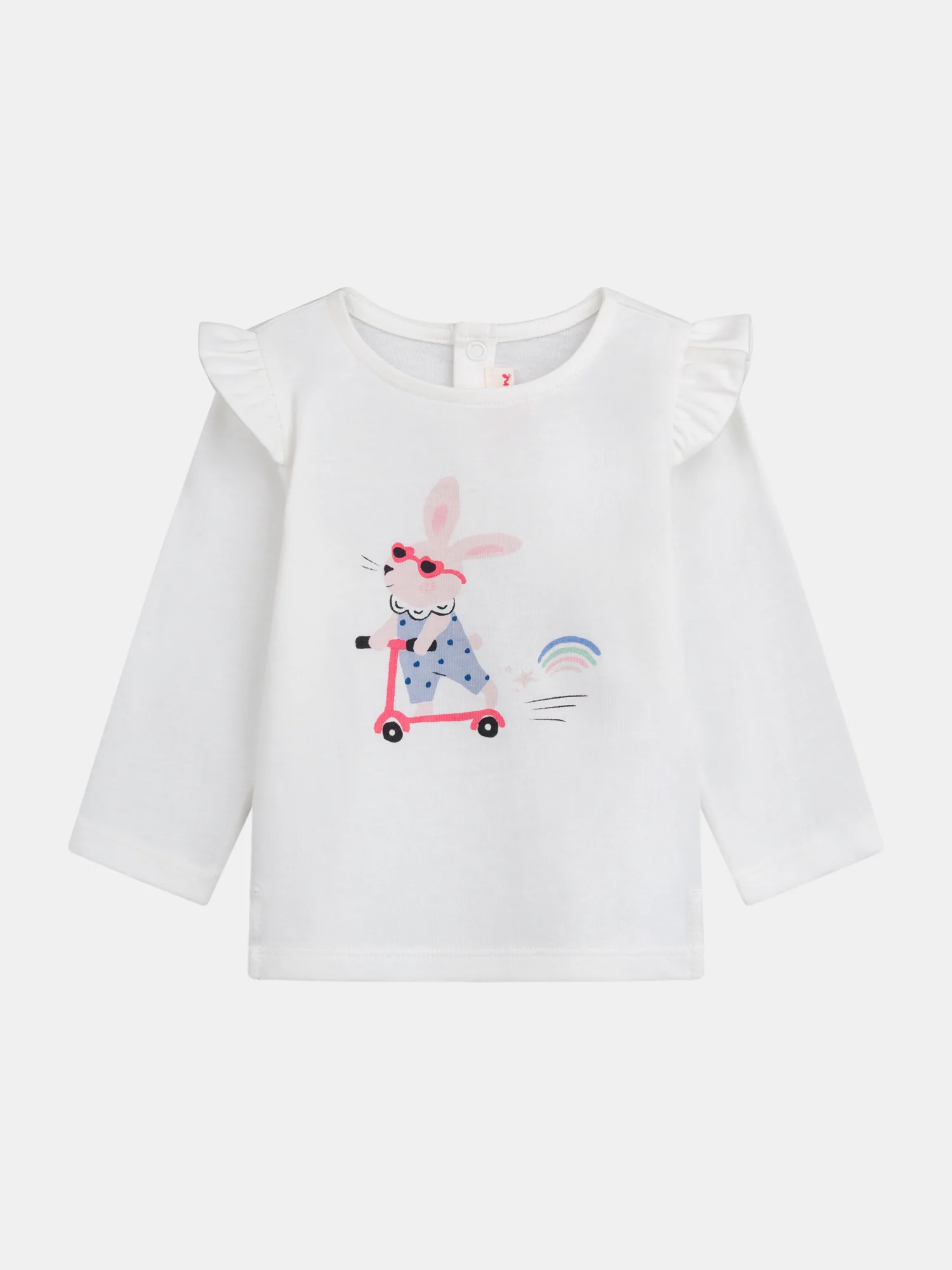 T-shirt ecru a volantini "Coniglio sul monopattino" per bambina