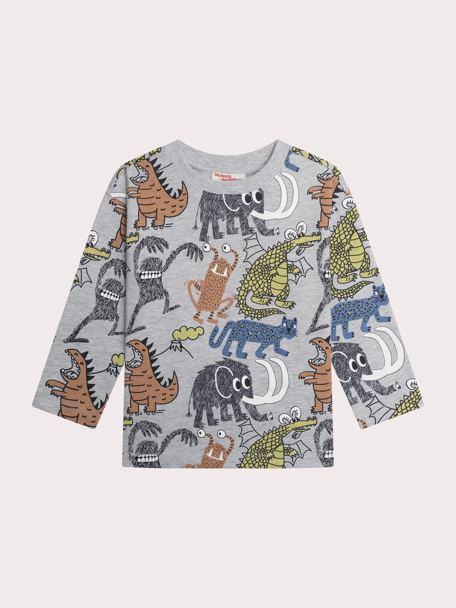 T-shirt grigio mélange con stampa di animali e mostri