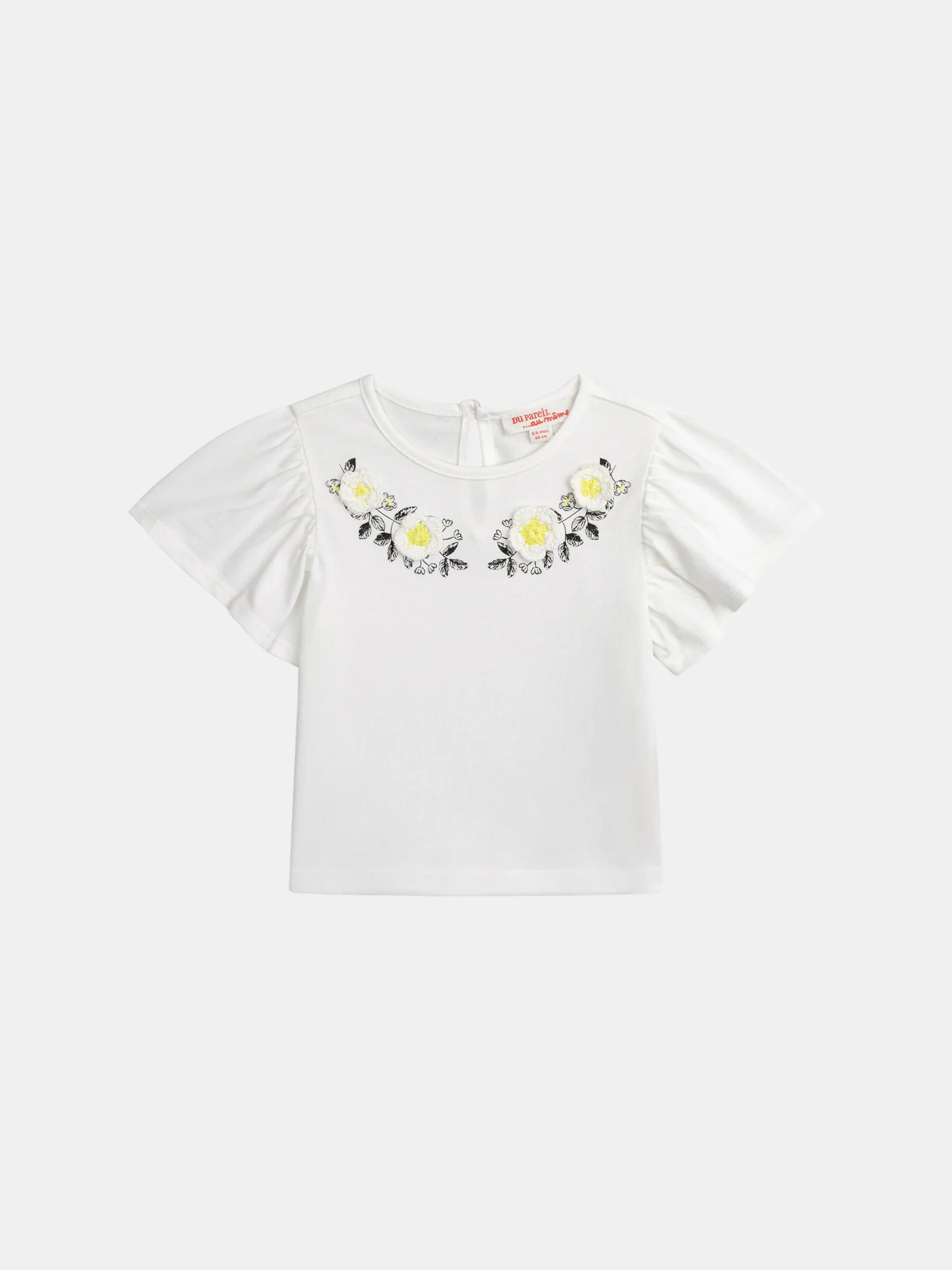 T-shirt ecru ricamata con fiori e maniche a volant per bambina