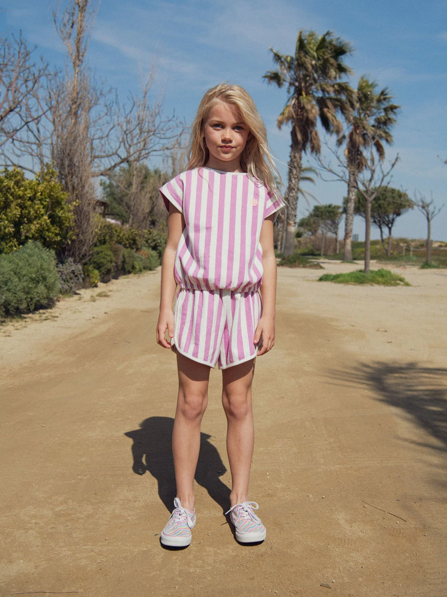T-shirt a Righe Rosa e Ecru per Ragazza - Image 3