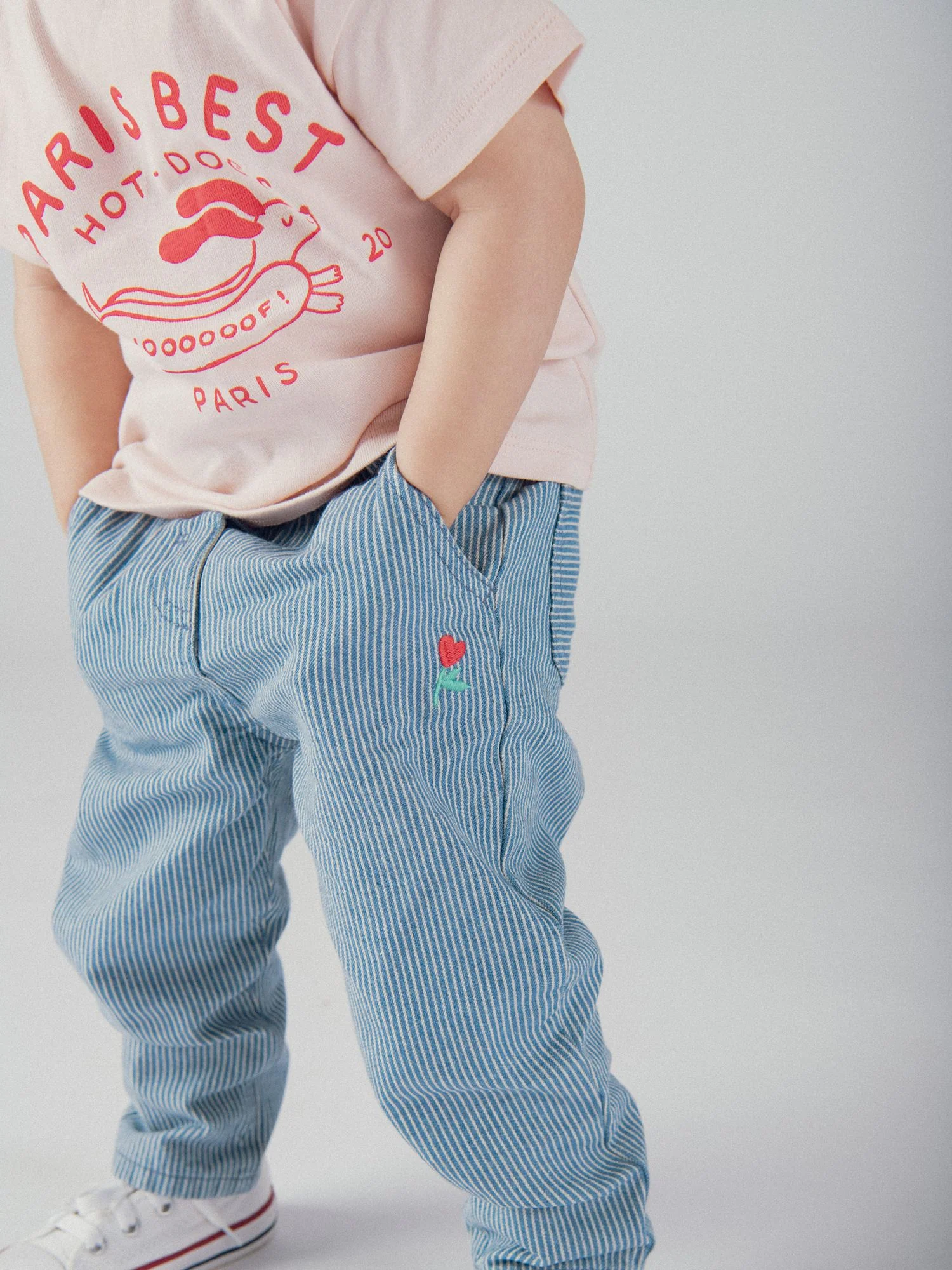 Pantaloni a Righe in Denim con Ricami di Fiori per Bambina - Image 5