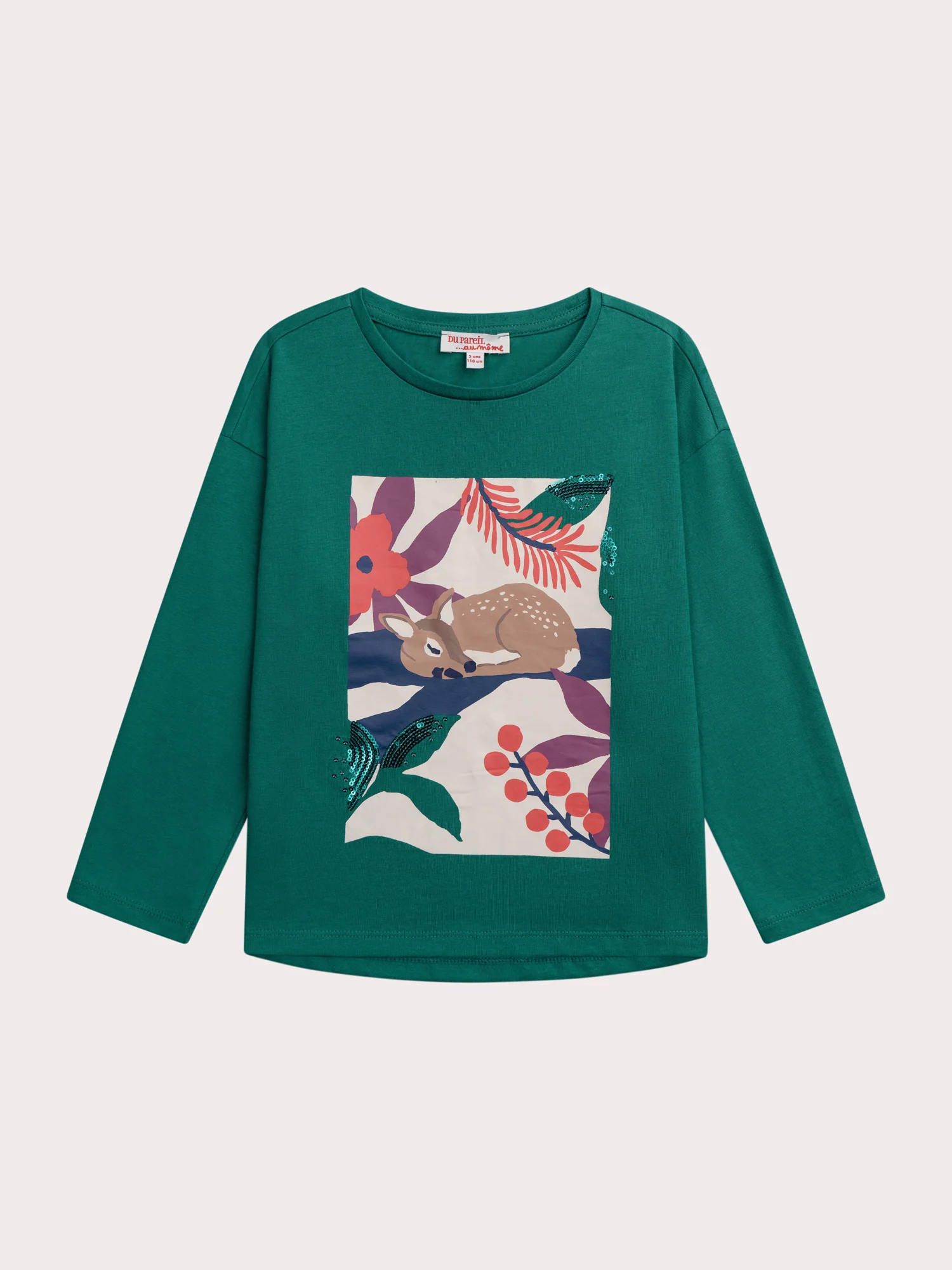 T-Shirt Verde a Maniche Lunghe con Animazione di Cerbiatto