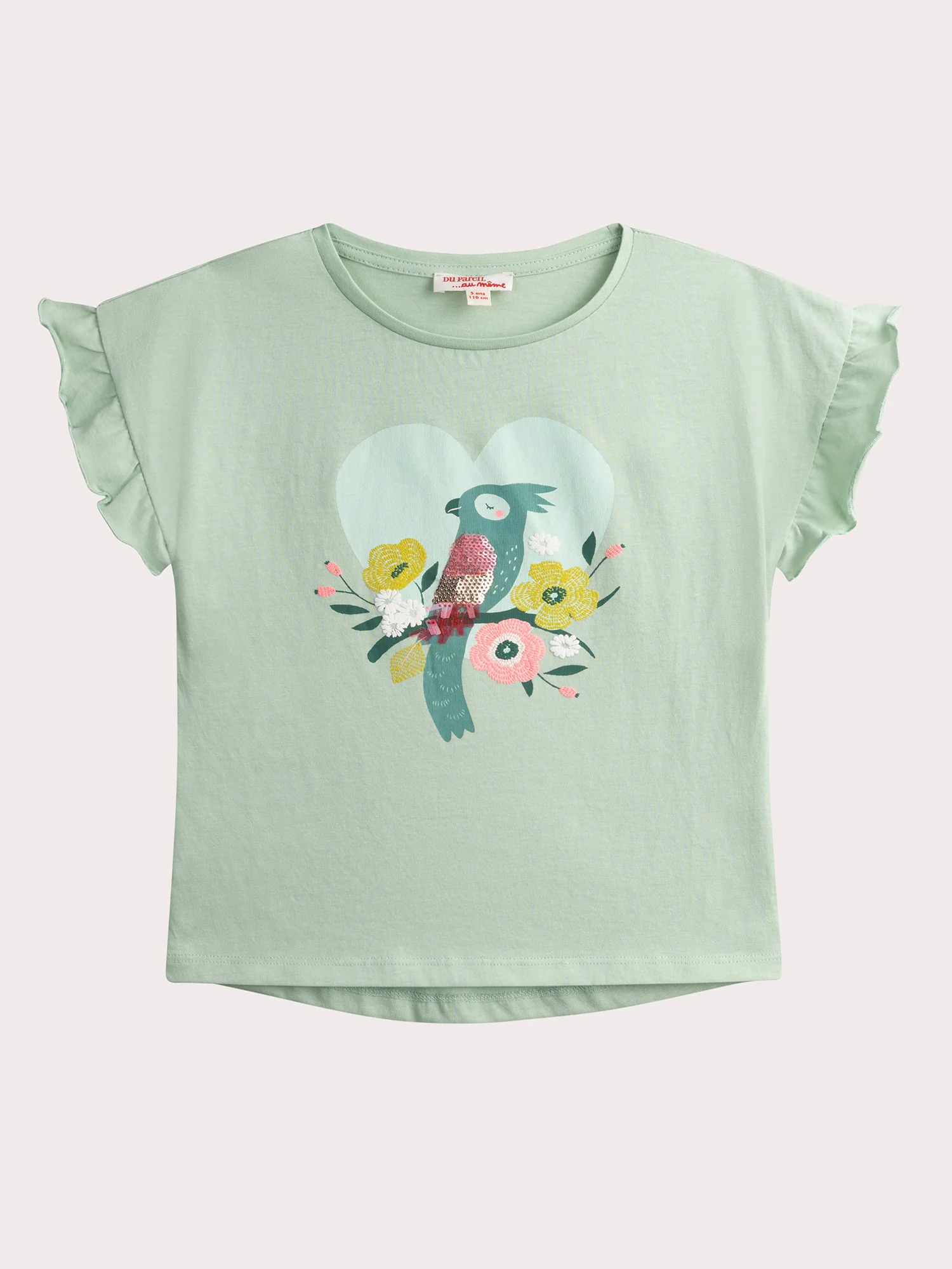 T-Shirt Verde Acqua con Maniche a Volantino e Animazione Uccello