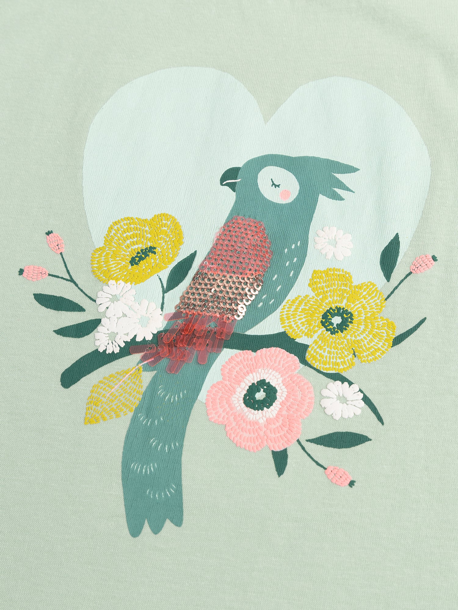T-Shirt Verde Acqua con Maniche a Volantino e Animazione Uccello - Image 2
