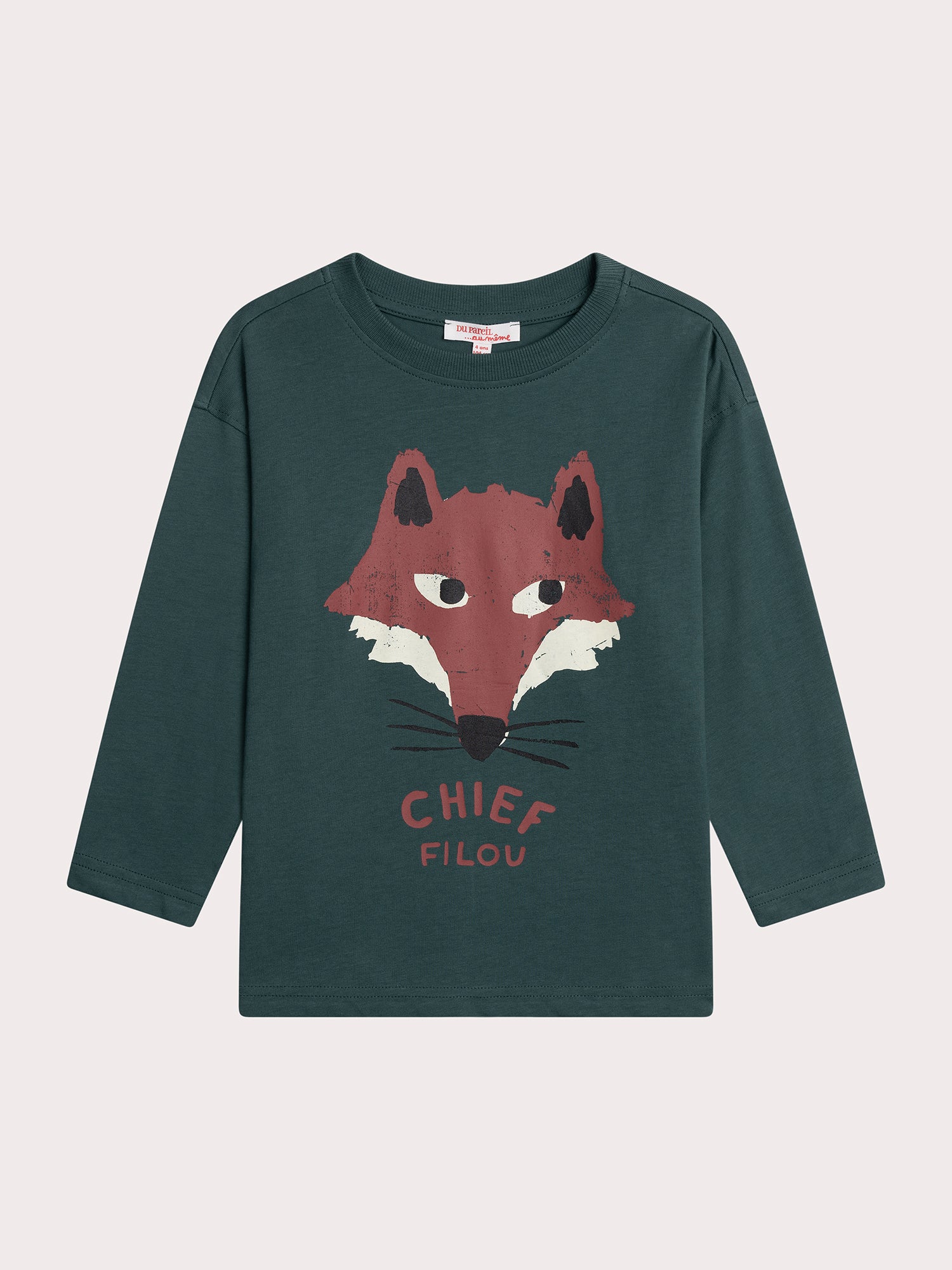 T-shirt Verde a Maniche Lunghe con Animazione di Volpe