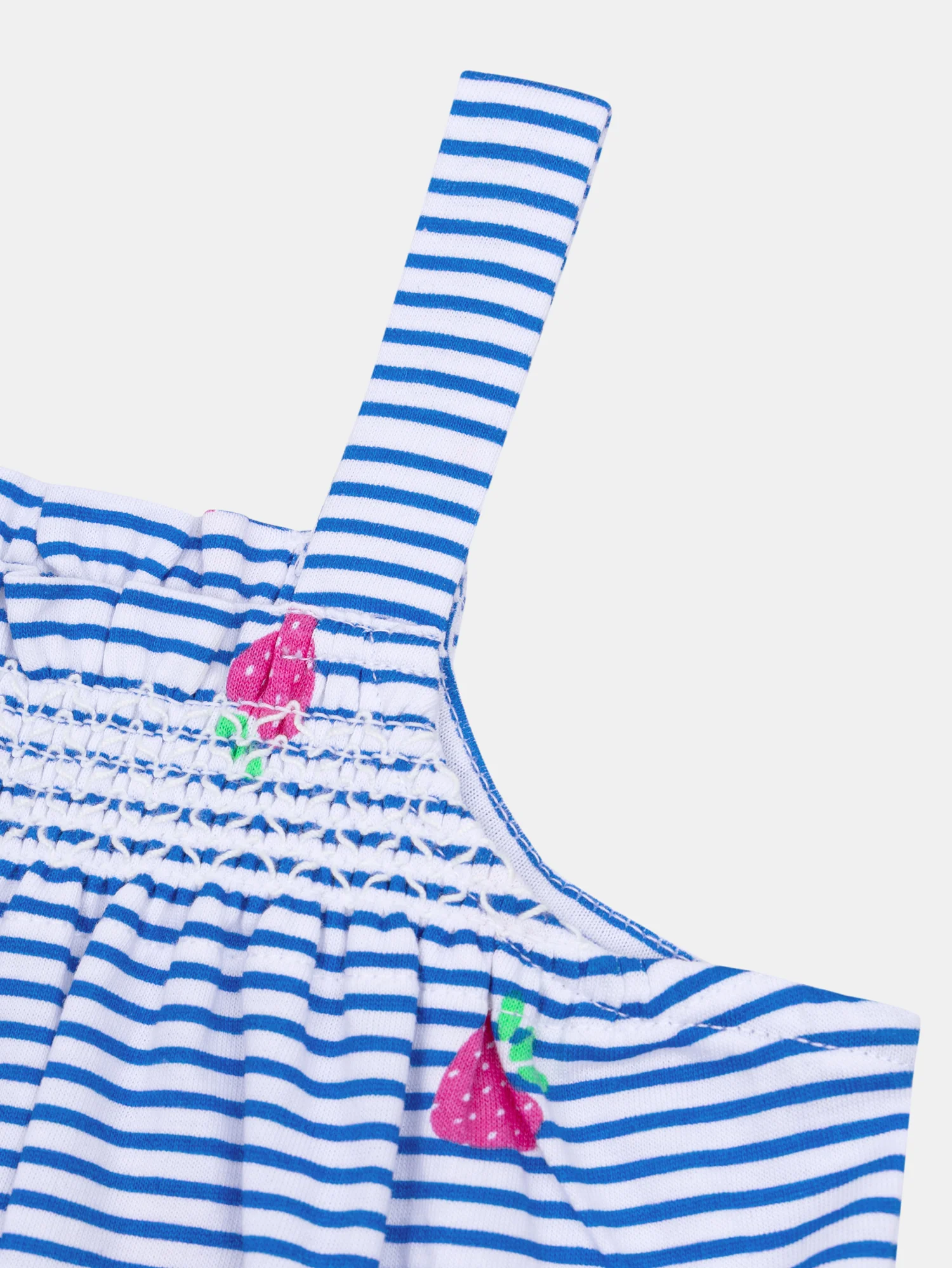 Tuta blu e bianca a righe con stampa di fragole per bambina - Image 2
