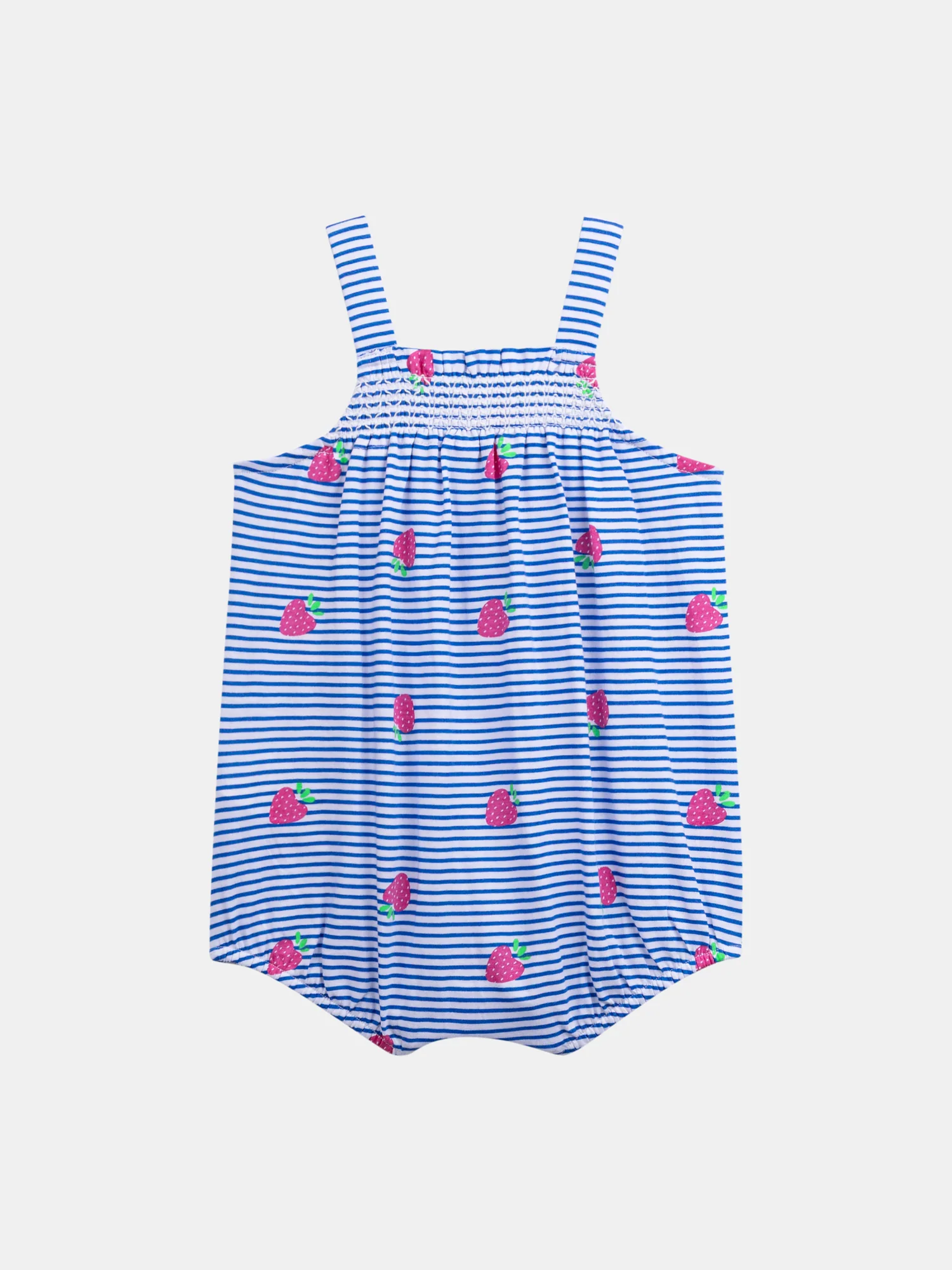 Tuta blu e bianca a righe con stampa di fragole per bambina - Image 3