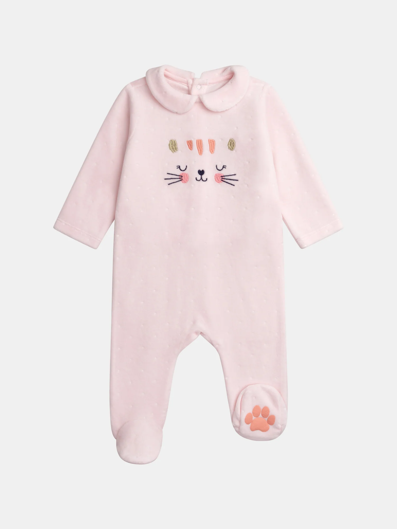 Salopette rosa con collo claudine e motivo gatto per bambina