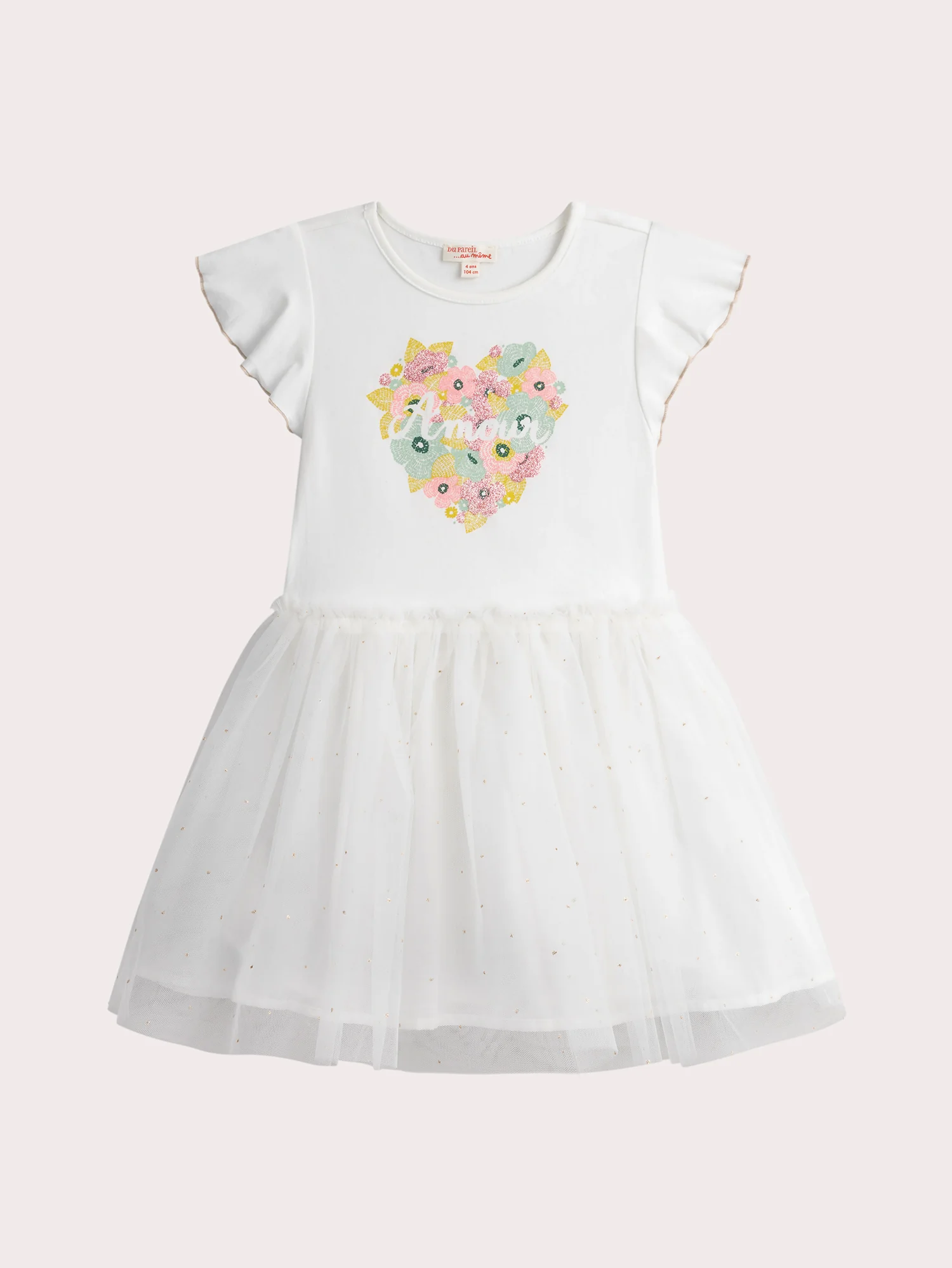 Vestito crema in due materiali con animazione cuore in fiori